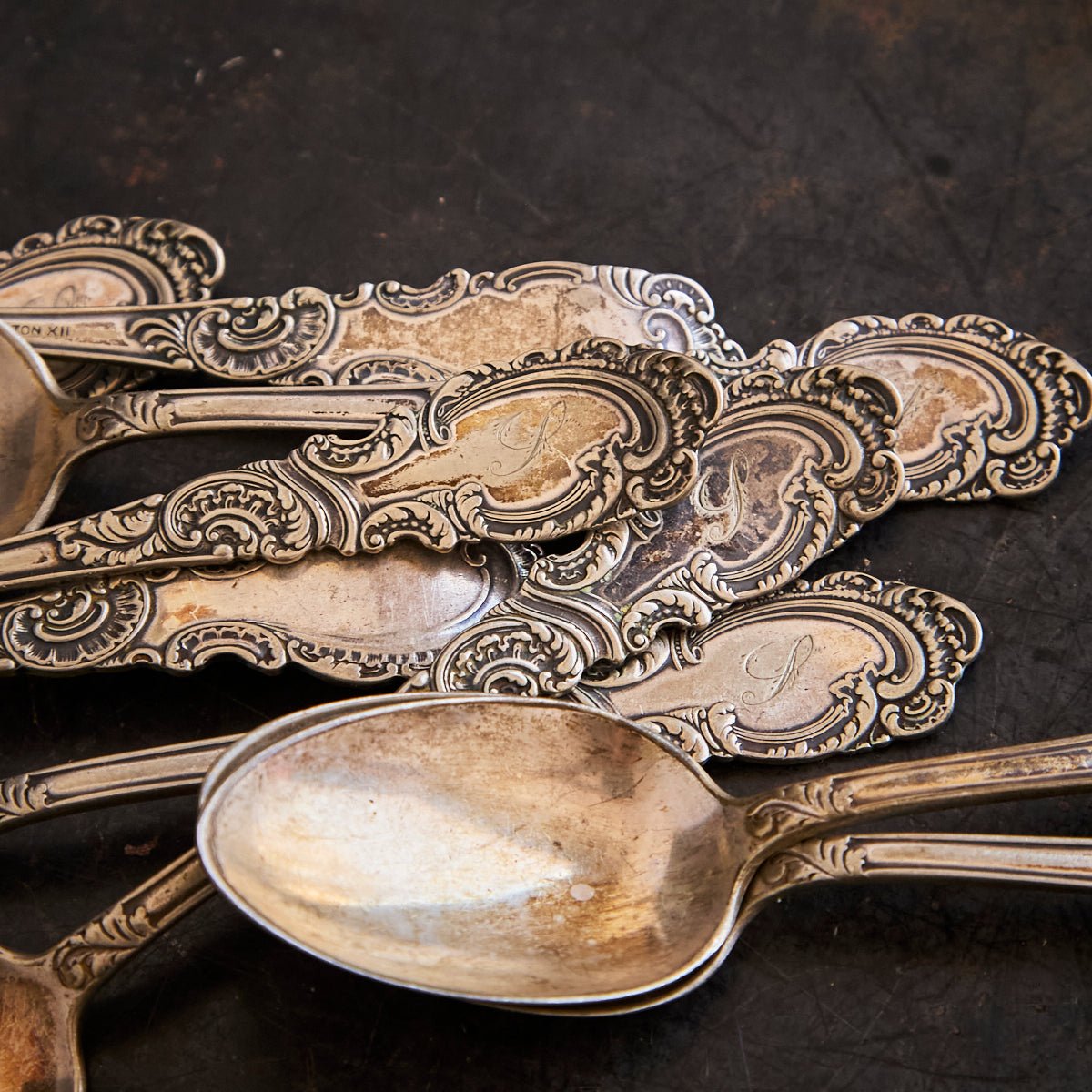 Antique Rogers & Hamilton Monogrammed Spoon Set of 9 - elsie green - the french kitchen