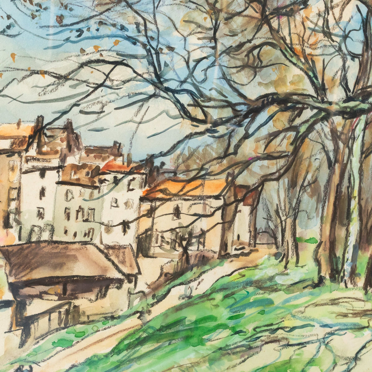 City Park with Walking Figures Watercolor Painting | Dated 1950 - elsie green - art