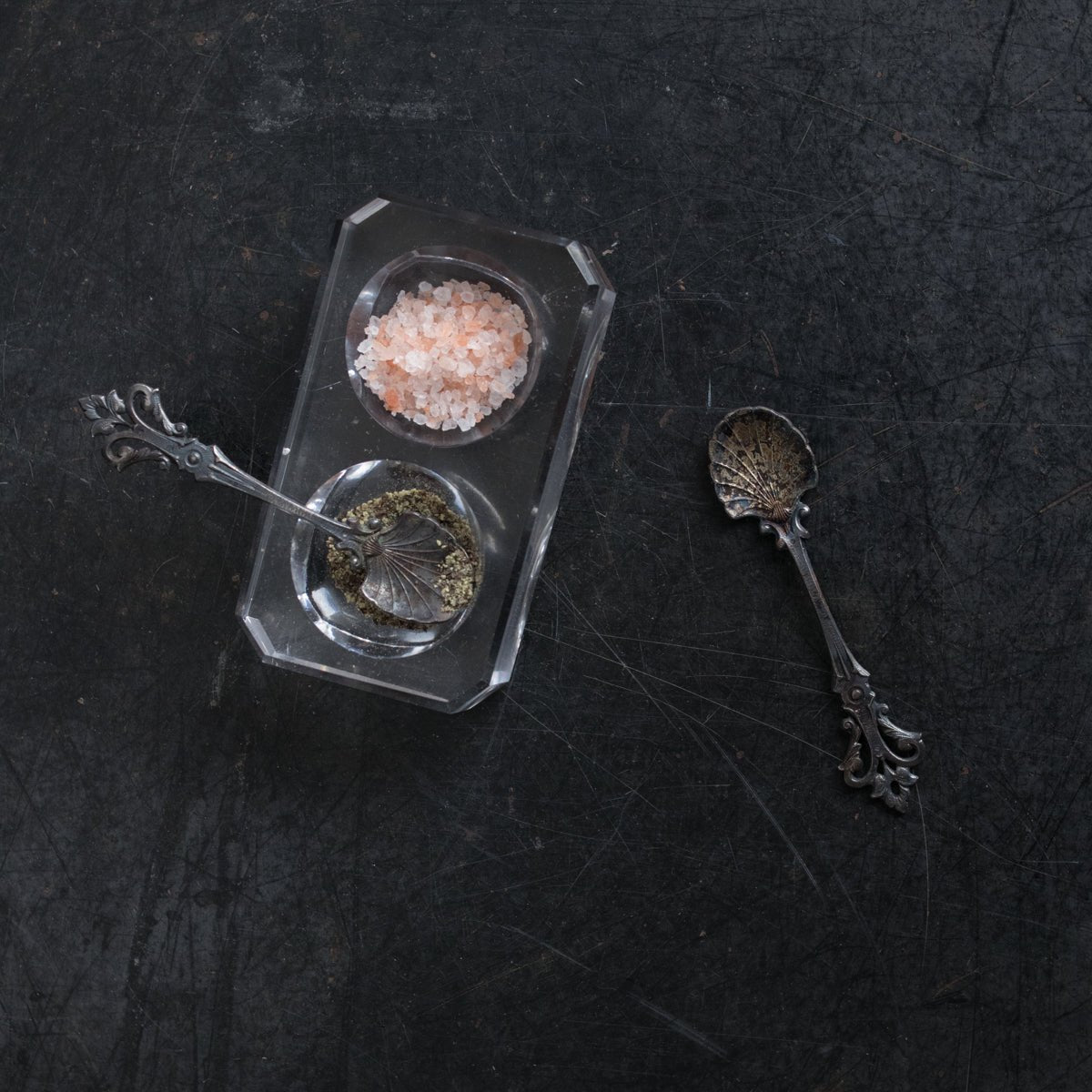 Crystal Salt Cellar with Pair of Antique Silver Salt Spoons - elsie green - the french kitchen