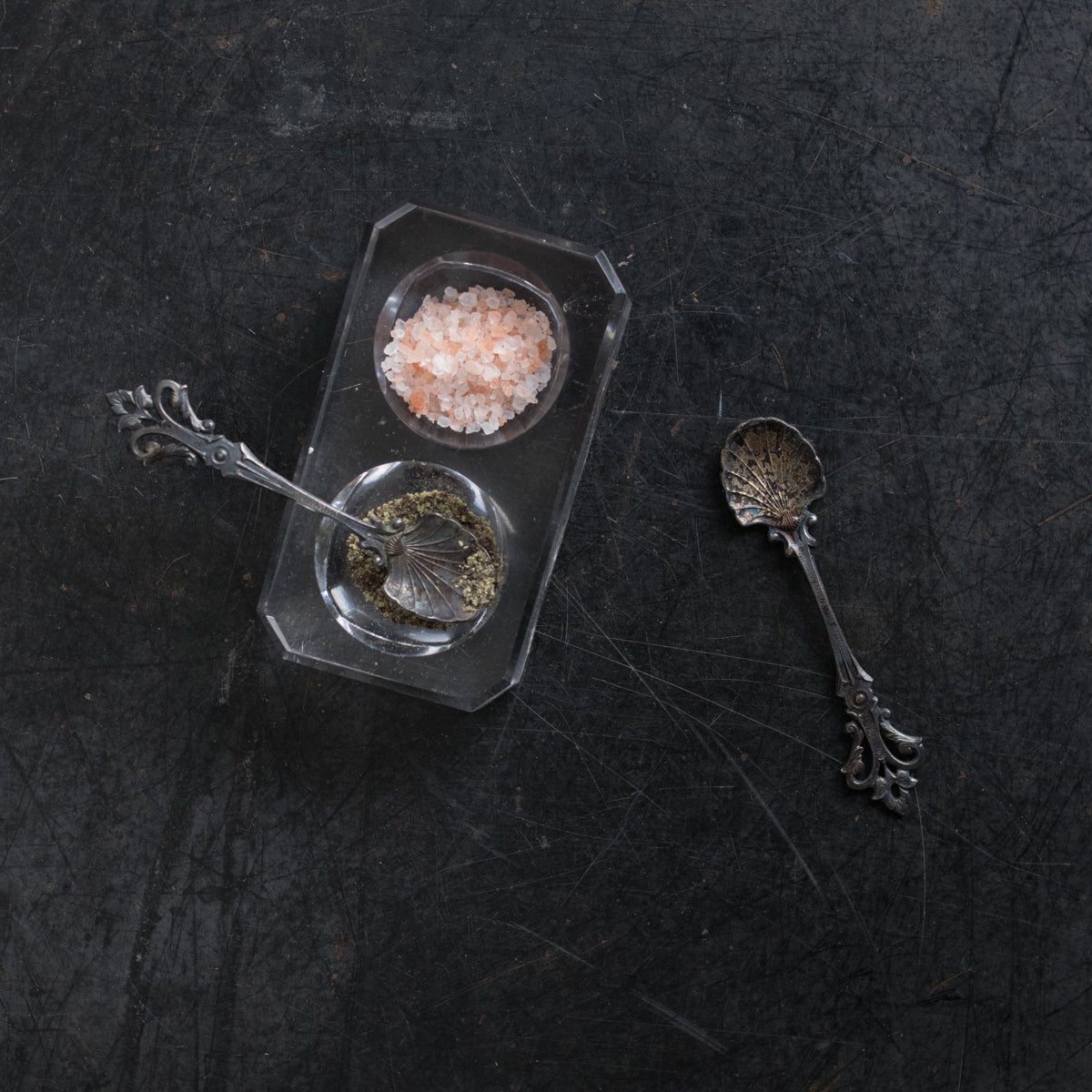 Crystal Salt Cellar with Pair of Antique Silver Salt Spoons - elsie green - the french kitchen