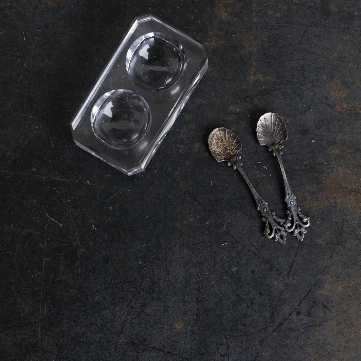 Crystal Salt Cellar with Pair of Antique Silver Salt Spoons - elsie green - the french kitchen