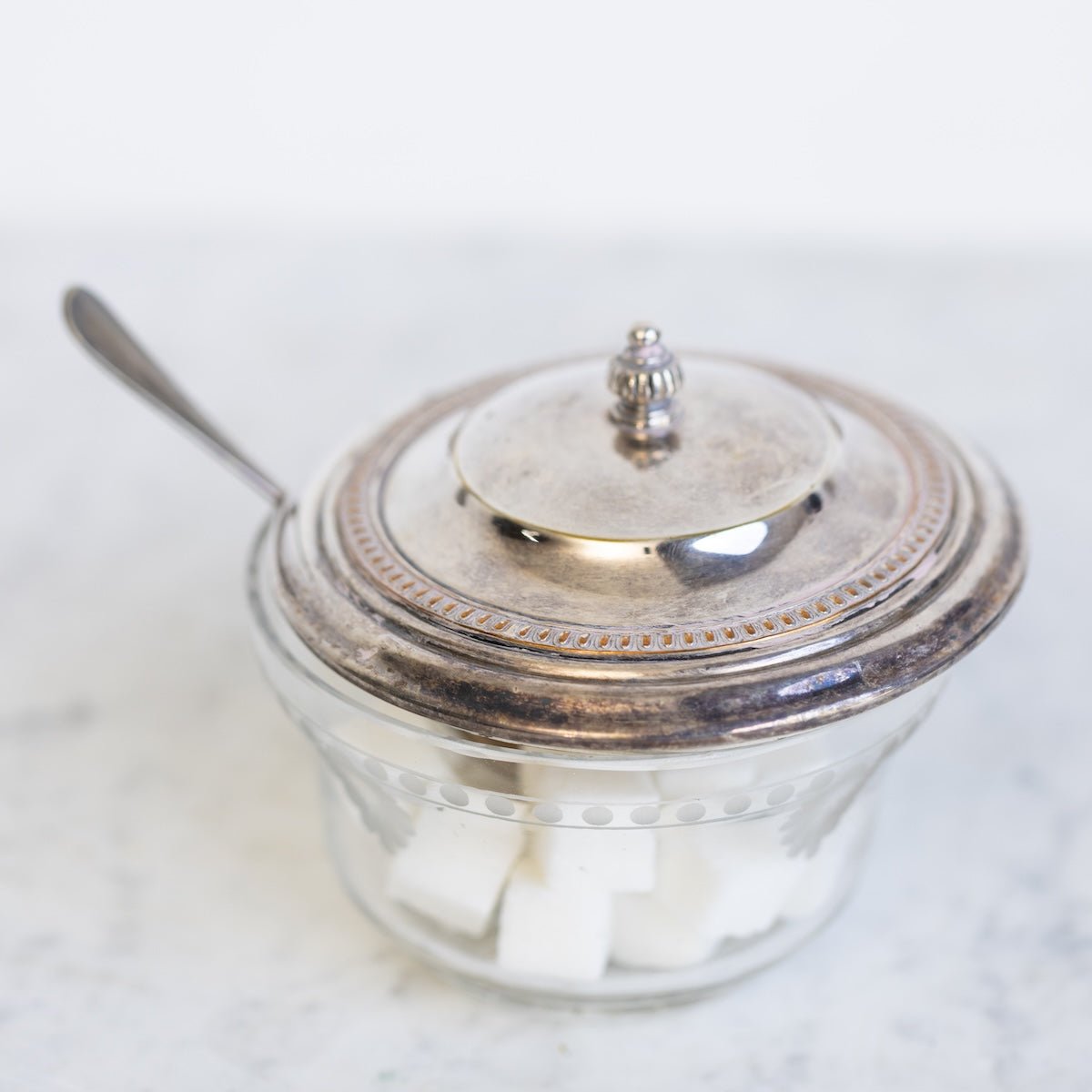 Etched Glass Sugar Bowl with Silver Spoon - elsie green - the french kitchen