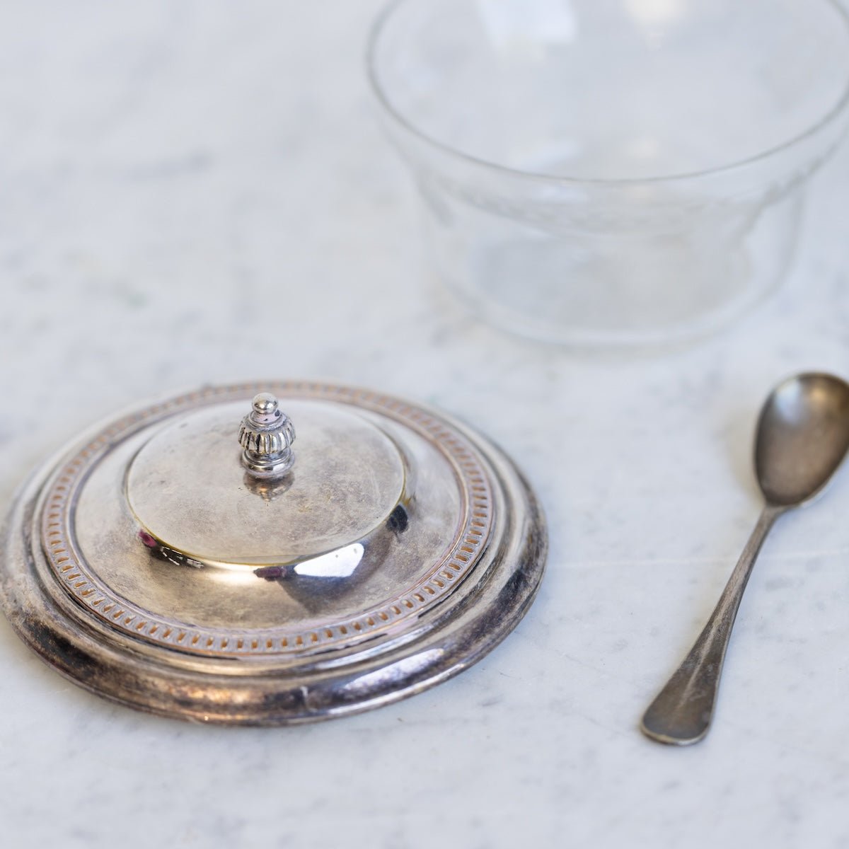 Etched Glass Sugar Bowl with Silver Spoon - elsie green - the french kitchen