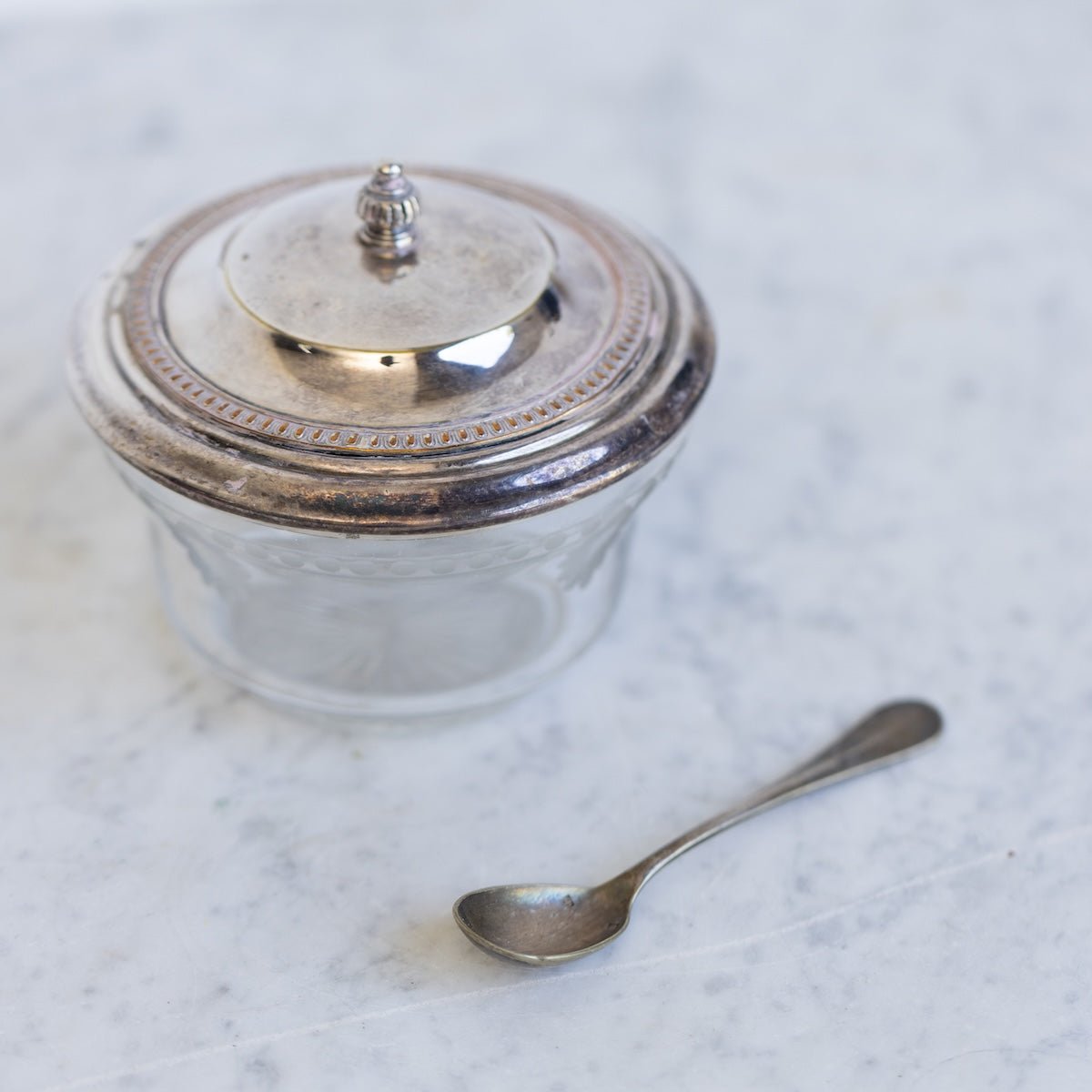 Etched Glass Sugar Bowl with Silver Spoon - elsie green - the french kitchen