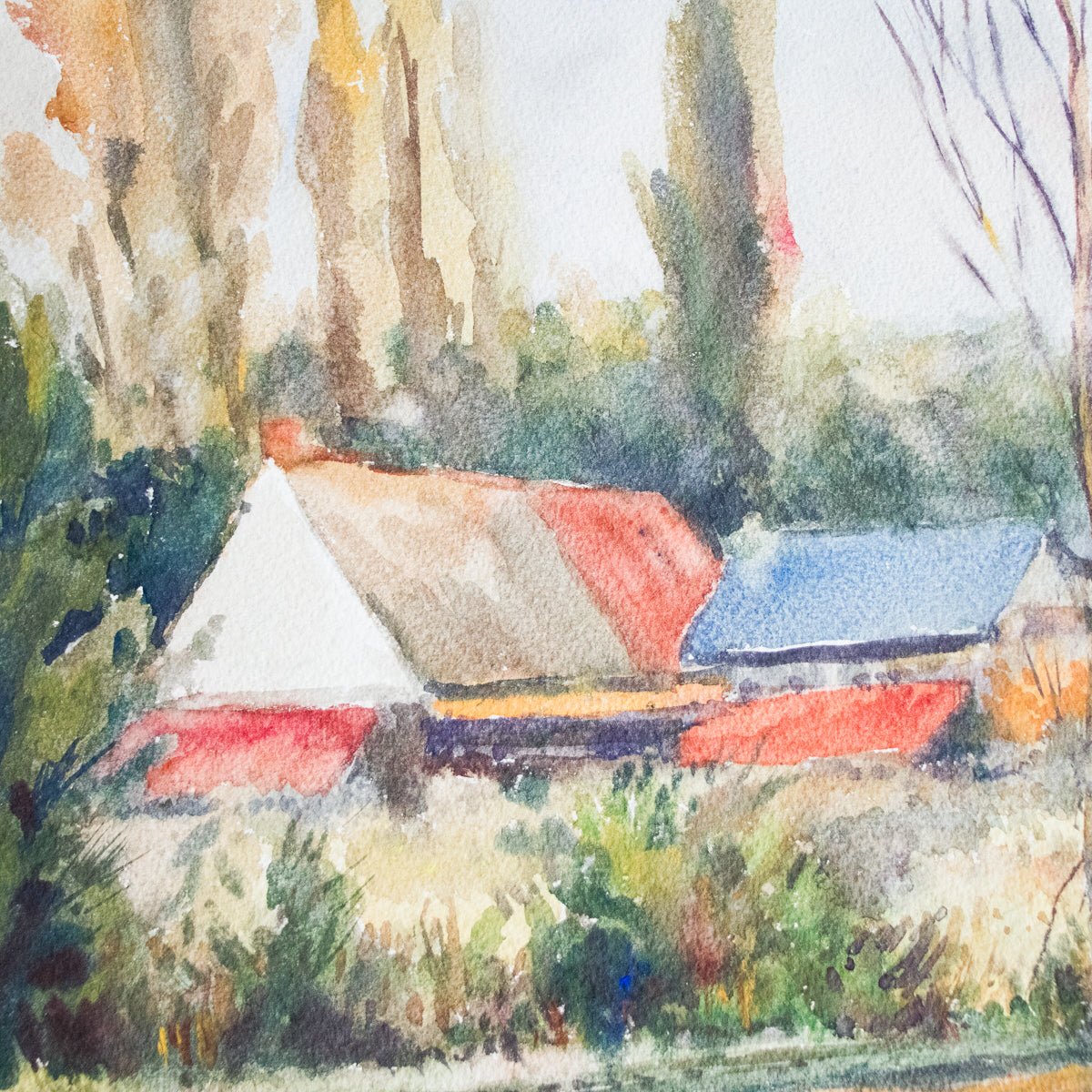 Farmhouse with Tall Trees Watercolor Painting - elsie green - art