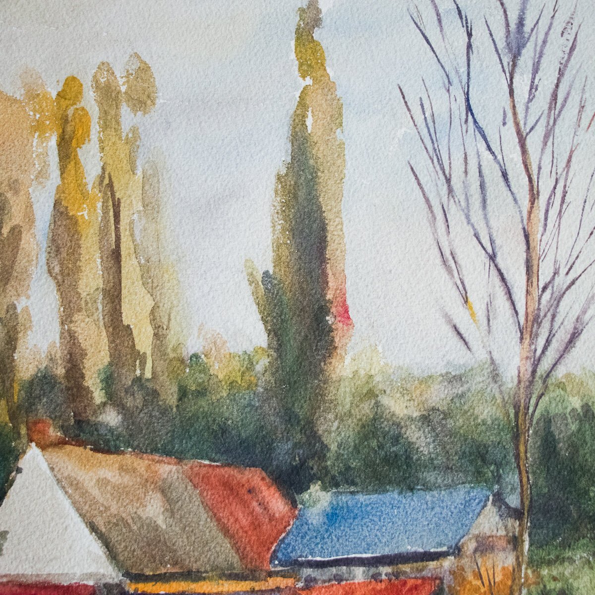 Farmhouse with Tall Trees Watercolor Painting - elsie green - art