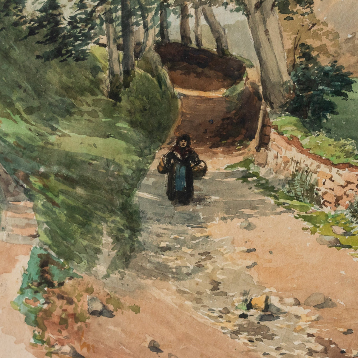Figure with Baskets on Forest Path Watercolor Painting - elsie green - art