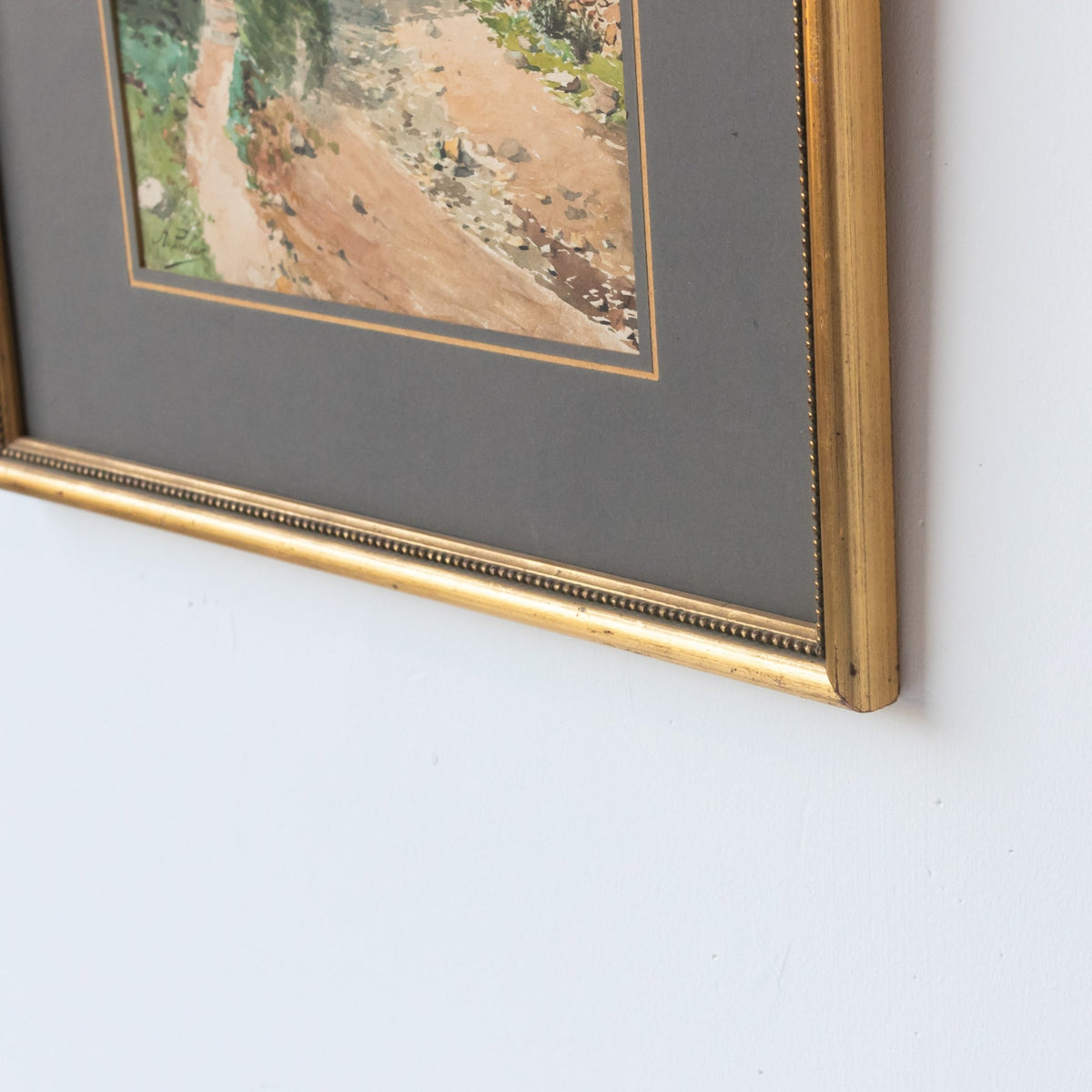 Figure with Baskets on Forest Path Watercolor Painting - elsie green - art