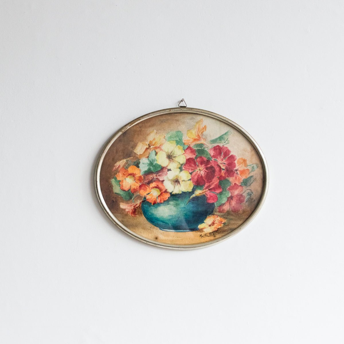 Floral Still Life in Oval Frame Watercolor Painting - elsie green - art
