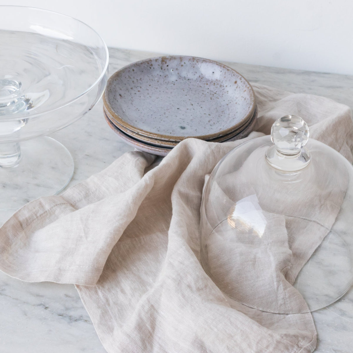 Glass Dome with Pedestal and Trio of Stoneware Plates - elsie green - the french kitchen