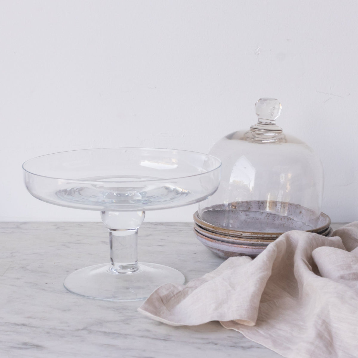 Glass Dome with Pedestal and Trio of Stoneware Plates - elsie green - the french kitchen
