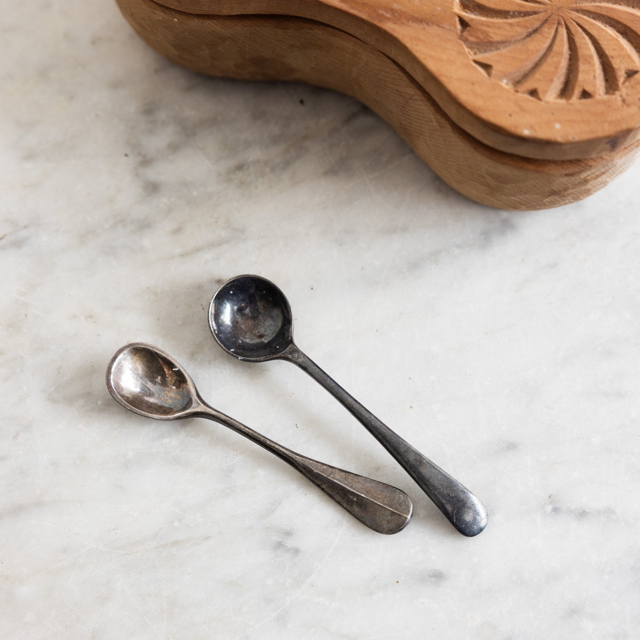 Hand Carved Wood Spice Dispenser with Pair of Silver Salt Spoons - elsie green - the french kitchen