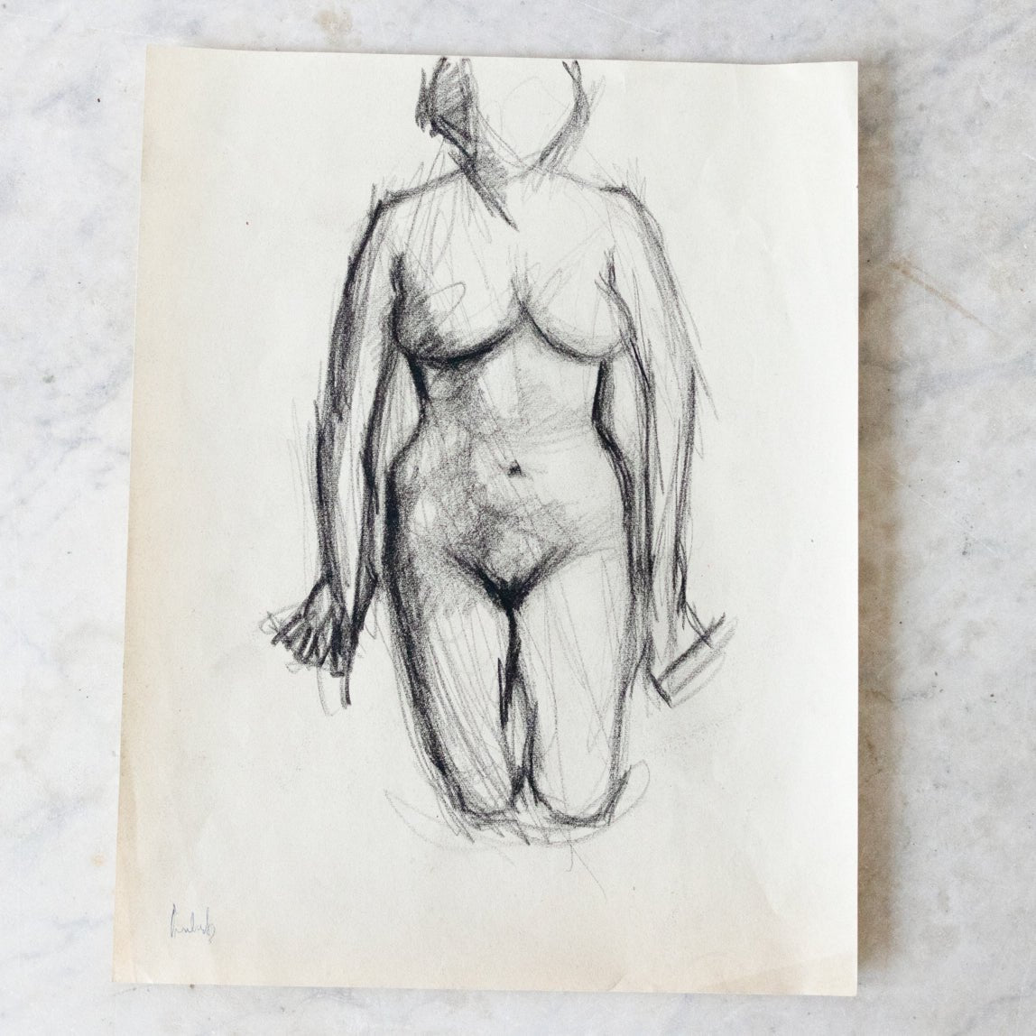 Kneeling Charcoal Nude Drawing - elsie green - art