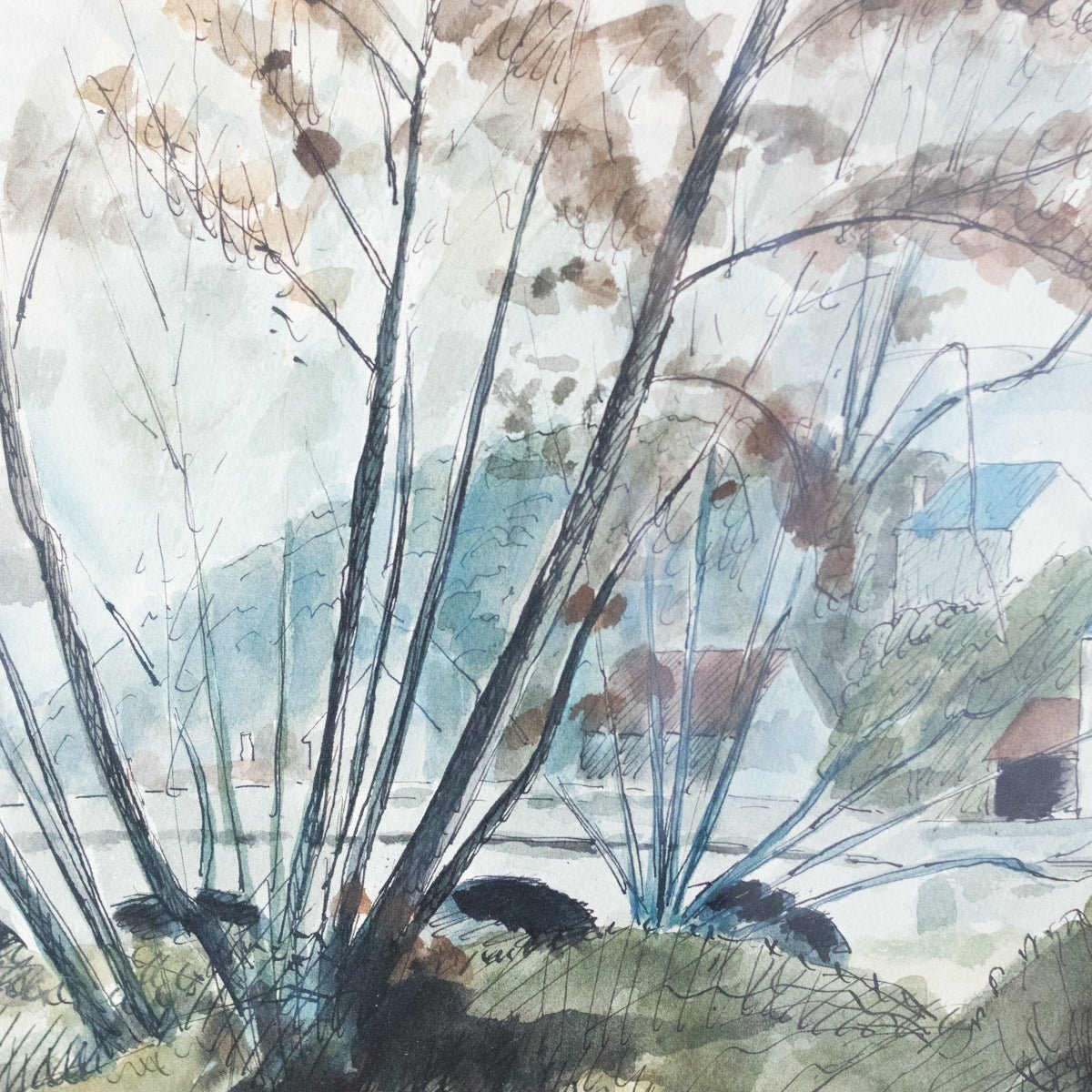 Lakeside Chateau Watercolor Painting - elsie green - art