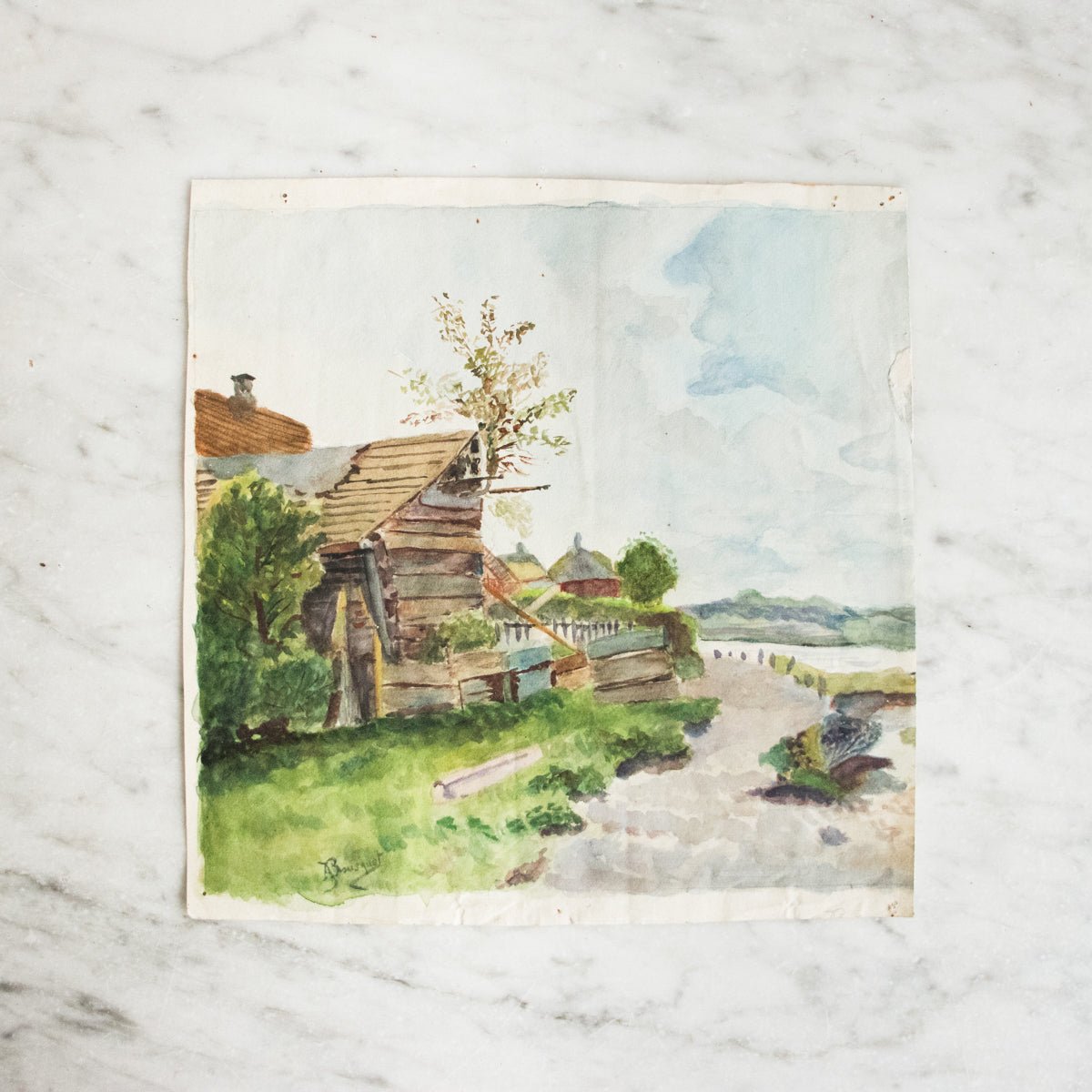 Landscape with Barn Watercolor Painting - elsie green - art