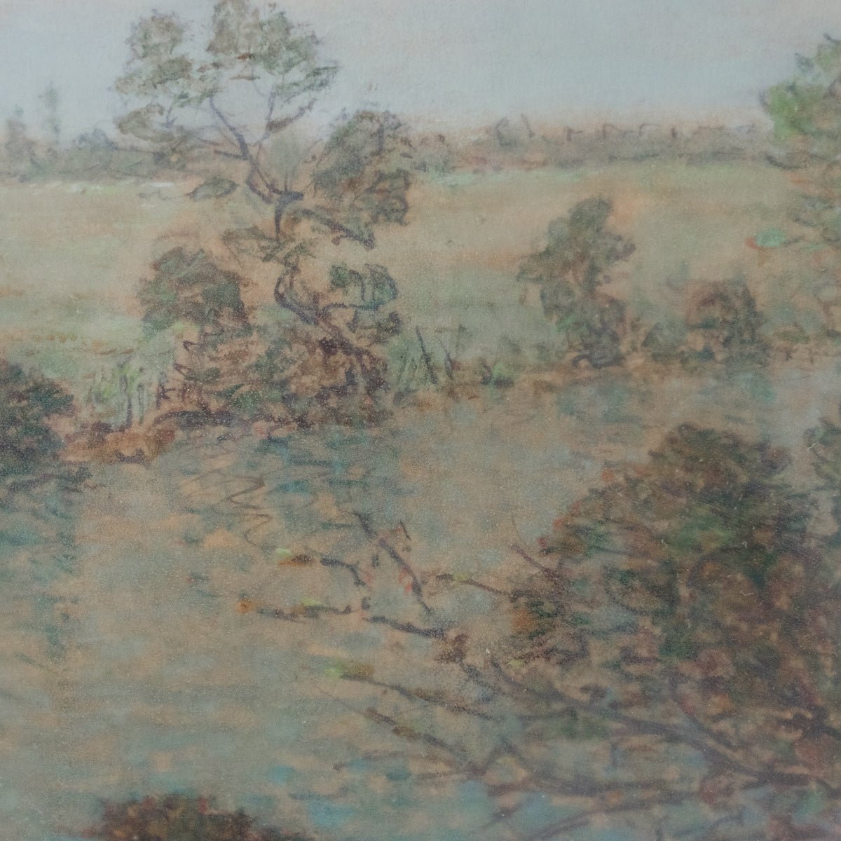 Landscape with Foggy Meadow Watercolor Painting - elsie green - art