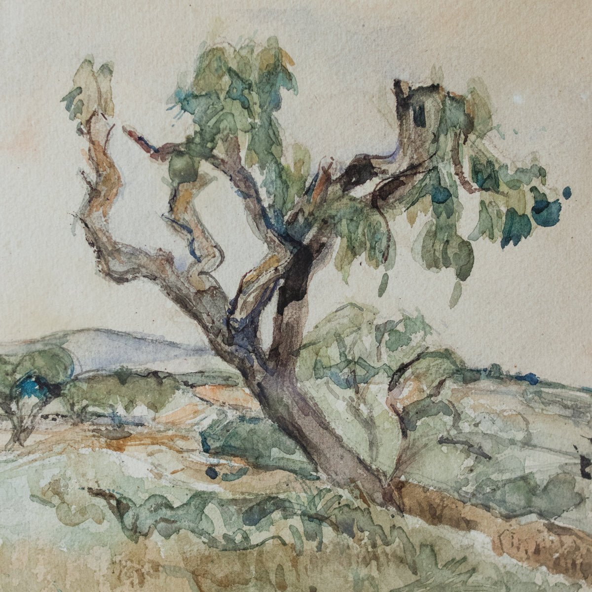 Landscape with Leaning Tree Watercolor Painting - elsie green - art