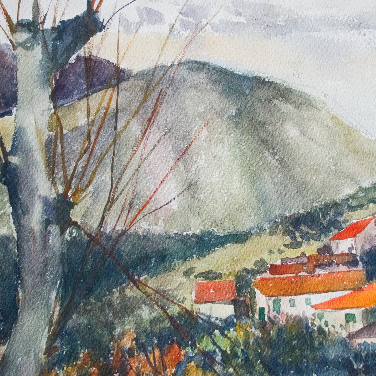 Landscape with Tiled Roofs Watercolor Painting - elsie green - art