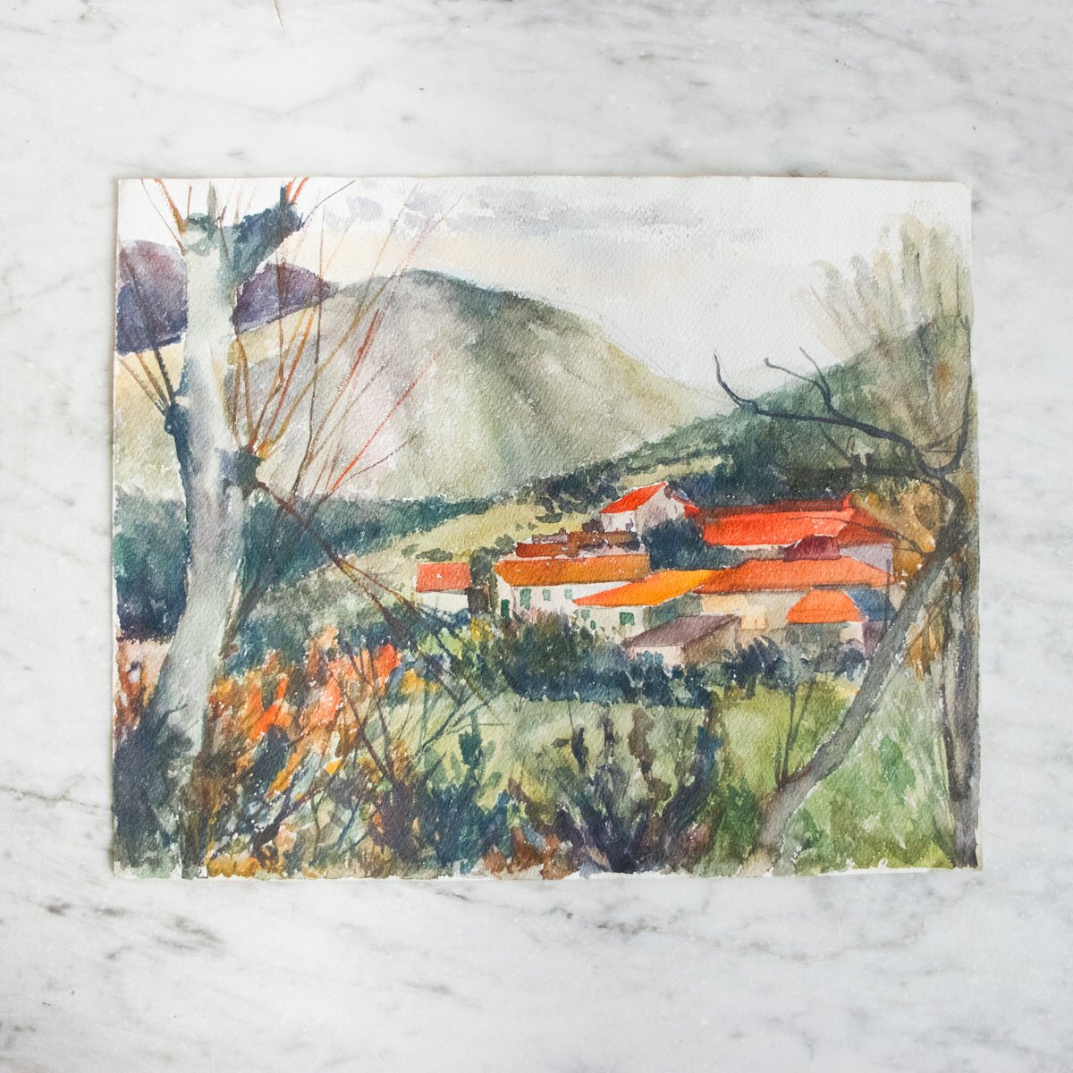 Landscape with Tiled Roofs Watercolor Painting - elsie green - art