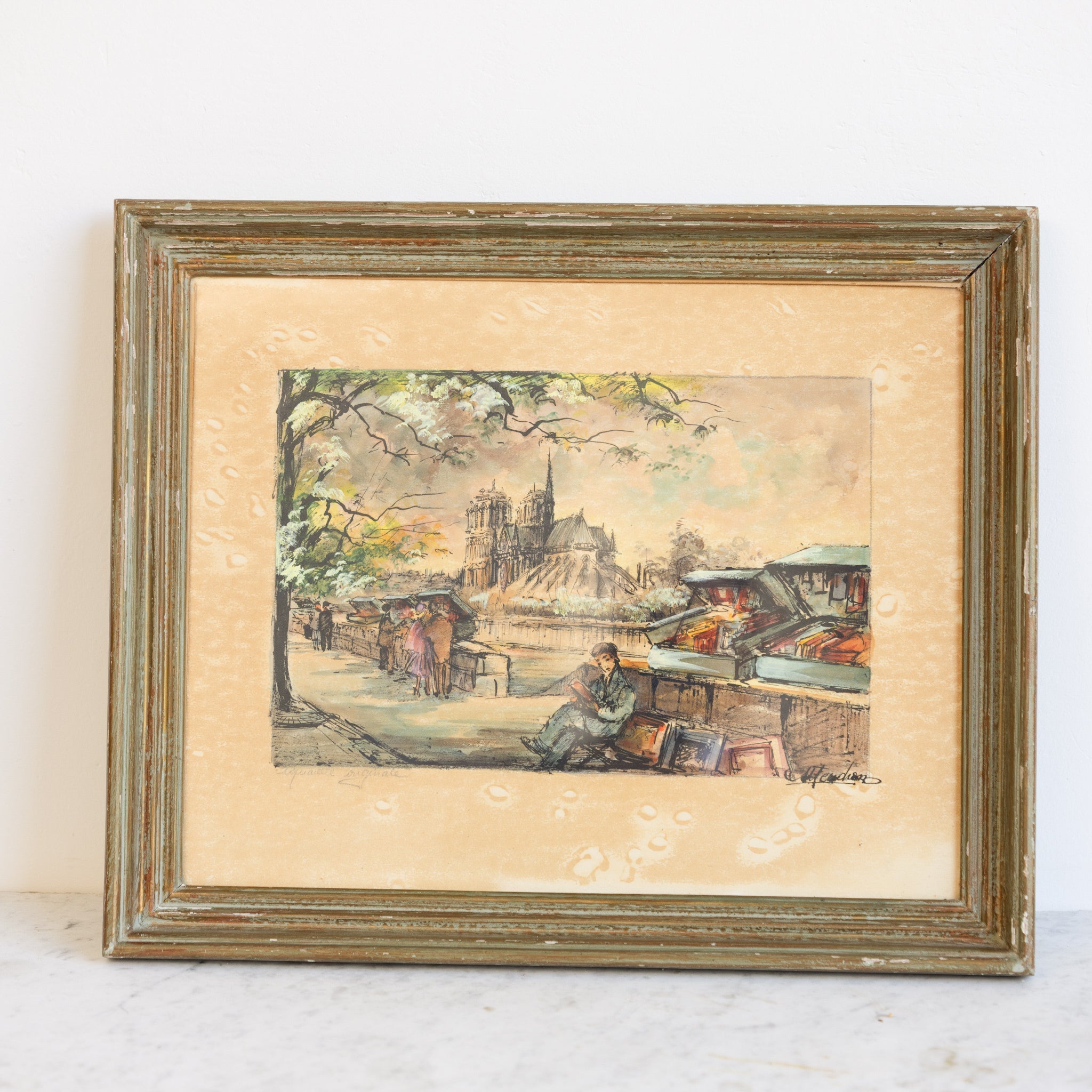 Notre Dame with Bouquinistes Watercolor Painting - elsie green - art