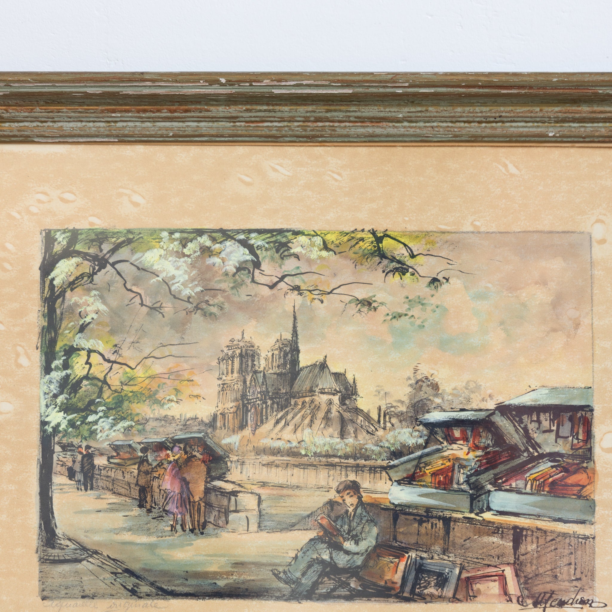Notre Dame with Bouquinistes Watercolor Painting - elsie green - art