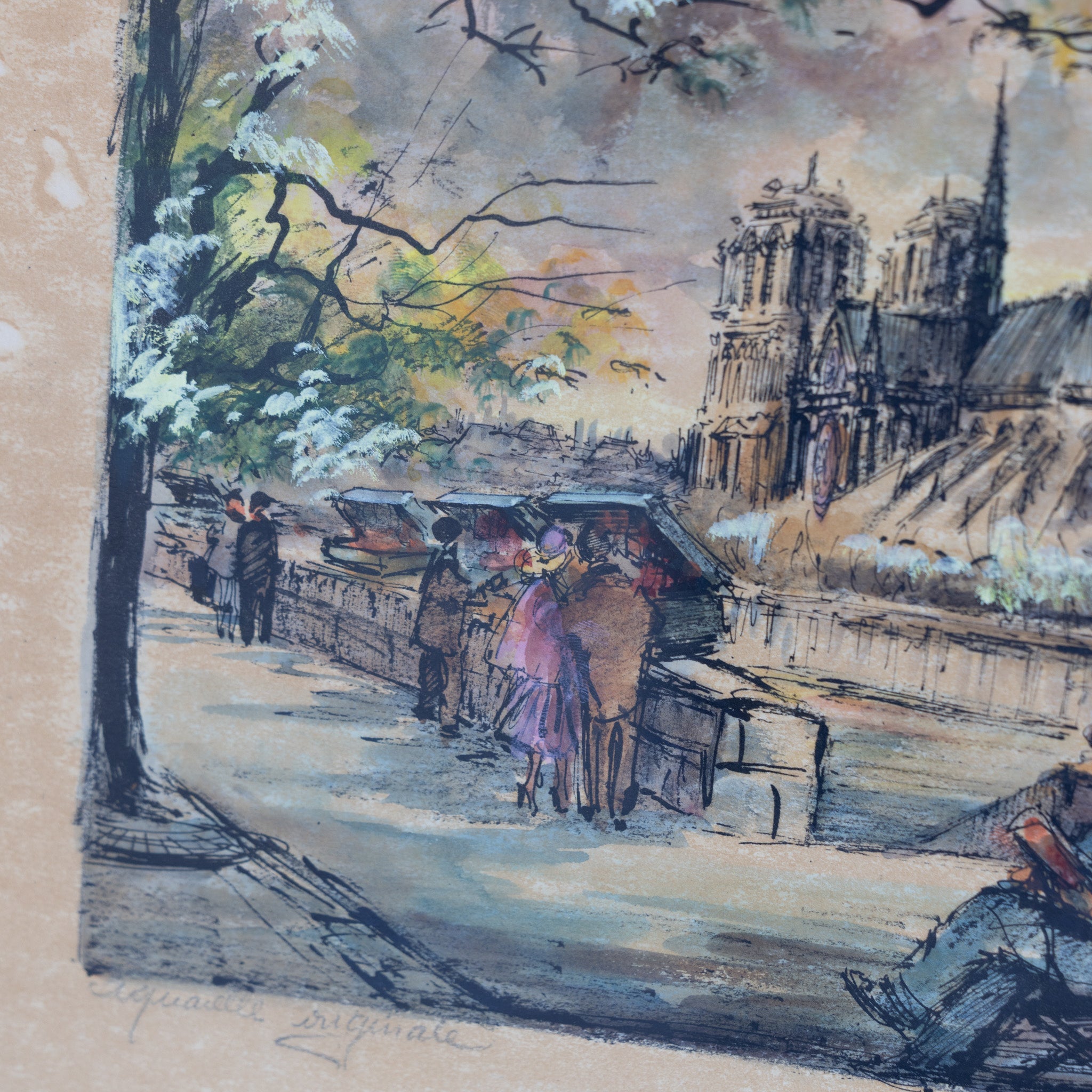 Notre Dame with Bouquinistes Watercolor Painting - elsie green - art