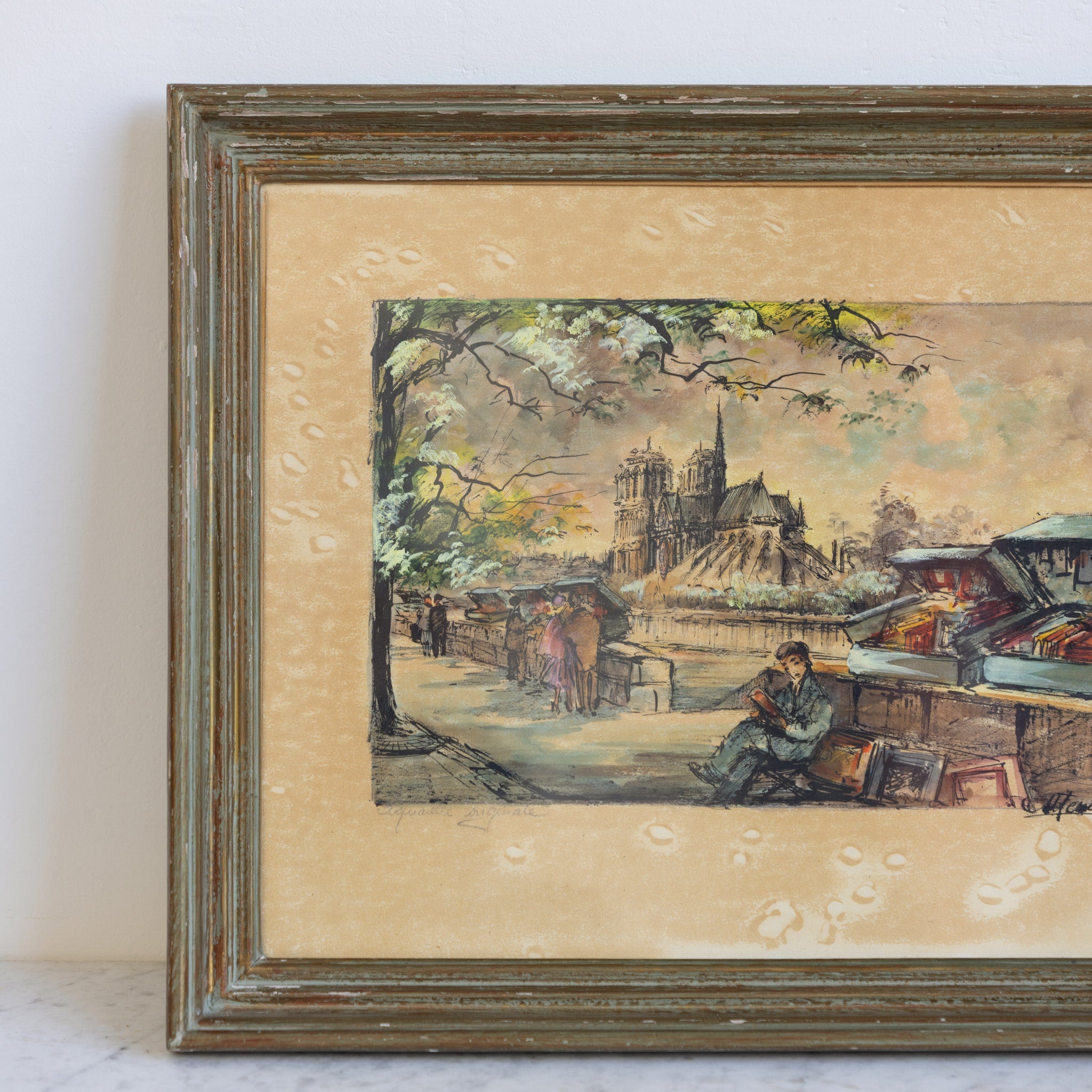 Notre Dame with Bouquinistes Watercolor Painting - elsie green - art