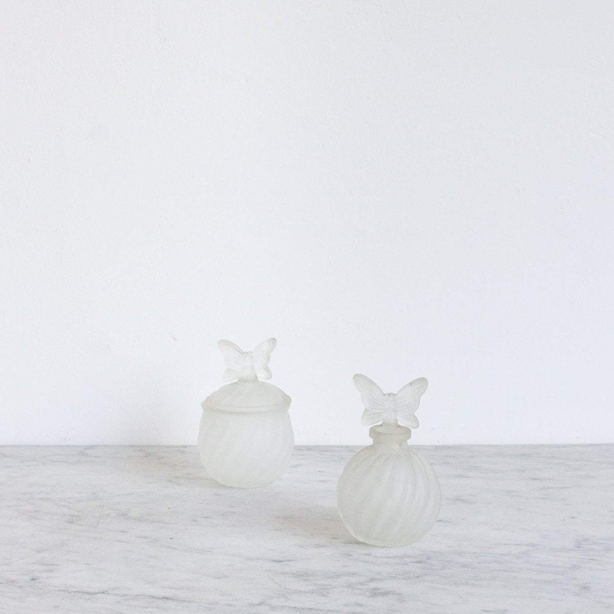 Pair Of Frosted Glass Vanity Bottle With Butterflies - elsie green - Decor
