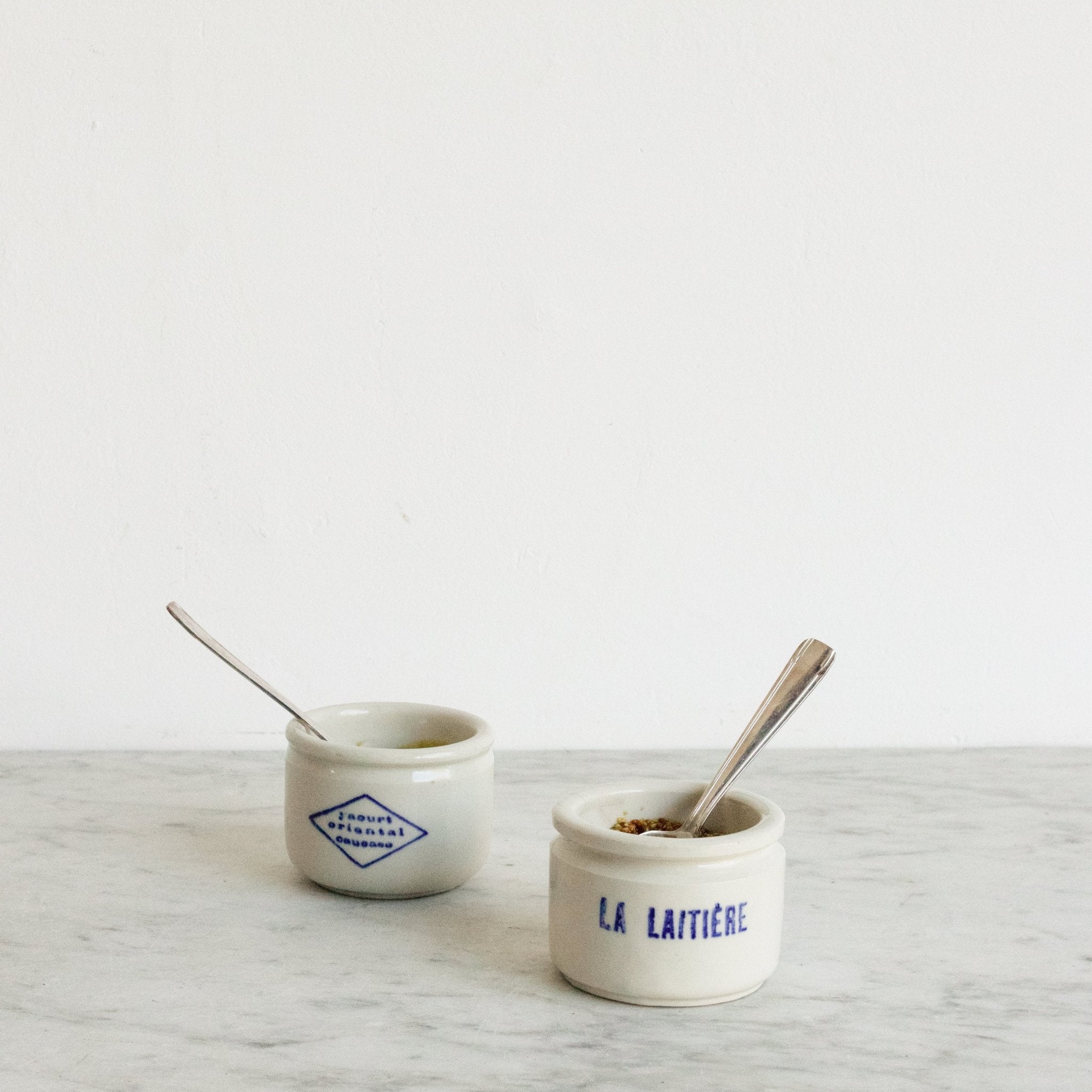 Pair Of Imprinted Yogurt Pots With Spoons - elsie green - The French Kitchen