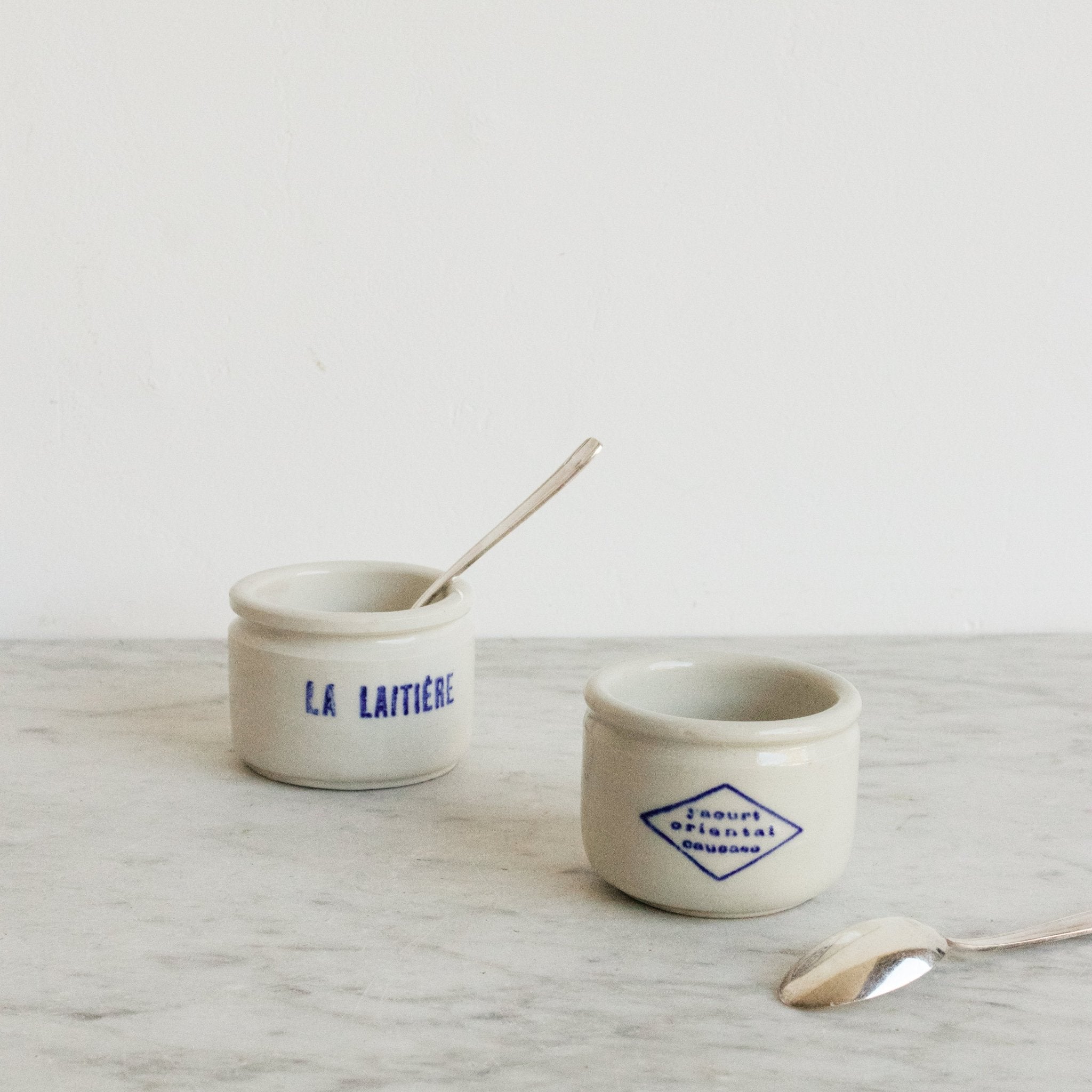 Pair Of Imprinted Yogurt Pots With Spoons - elsie green - The French Kitchen