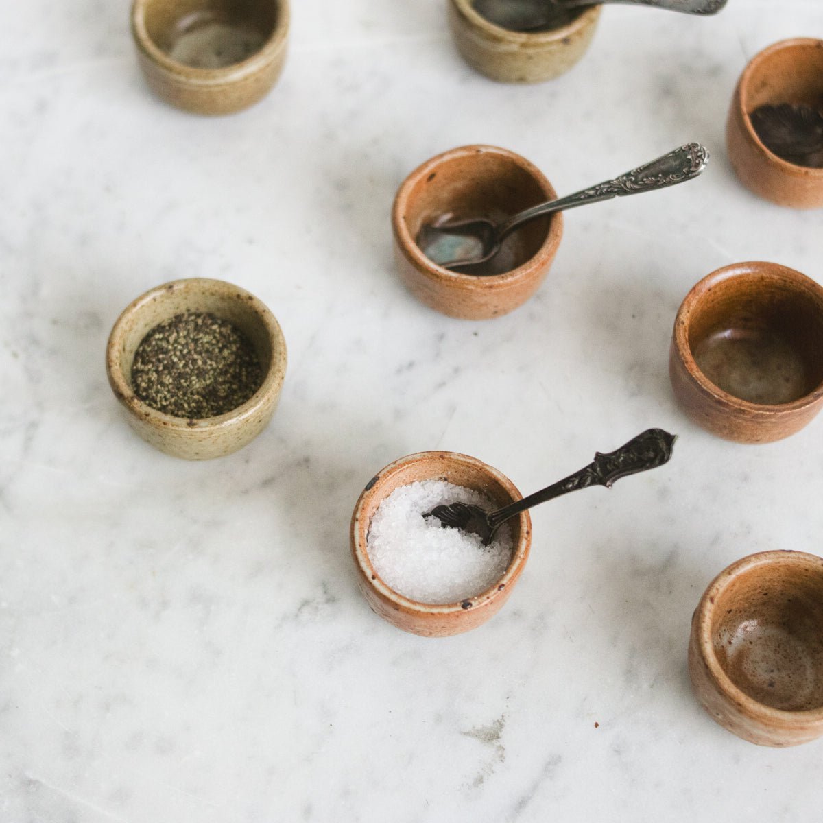Pair of Petite Stoneware Ramekins with Silver Salt Spoon - elsie green - the french kitchen