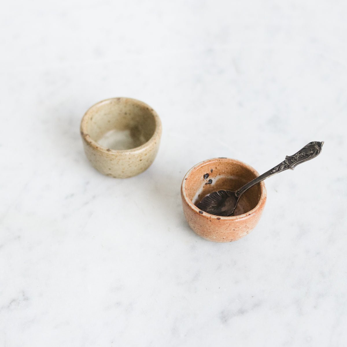 Pair of Petite Stoneware Ramekins with Silver Salt Spoon - elsie green - the french kitchen