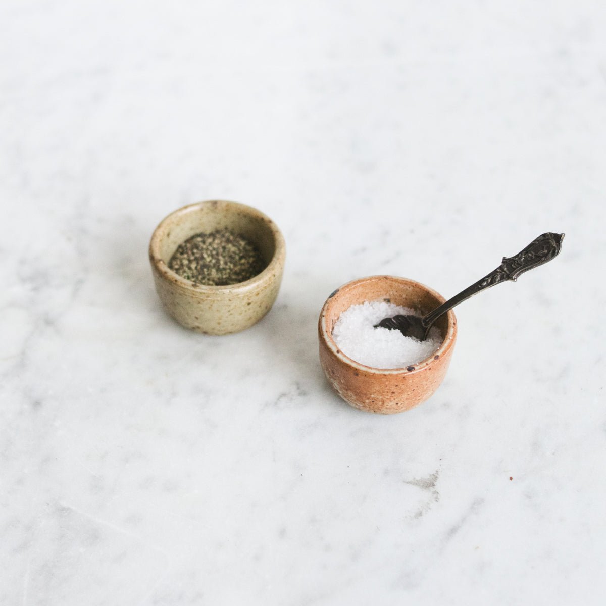 Pair of Petite Stoneware Ramekins with Silver Salt Spoon - elsie green - the french kitchen