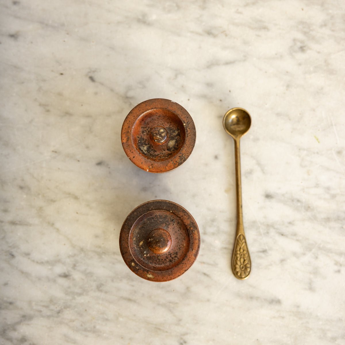 Pair of Stoneware Spice Pots with Cast Brass Spoon - elsie green - the french kitchen