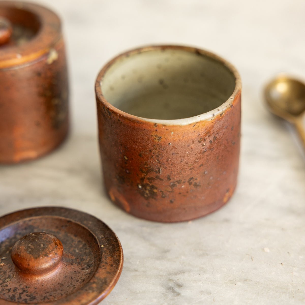 Pair of Stoneware Spice Pots with Cast Brass Spoon - elsie green - the french kitchen