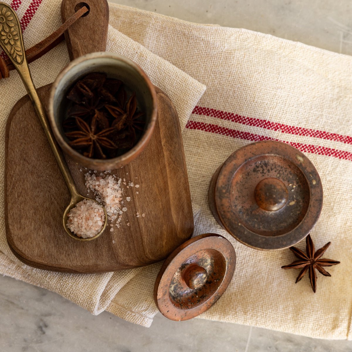 Pair of Stoneware Spice Pots with Cast Brass Spoon - elsie green - the french kitchen