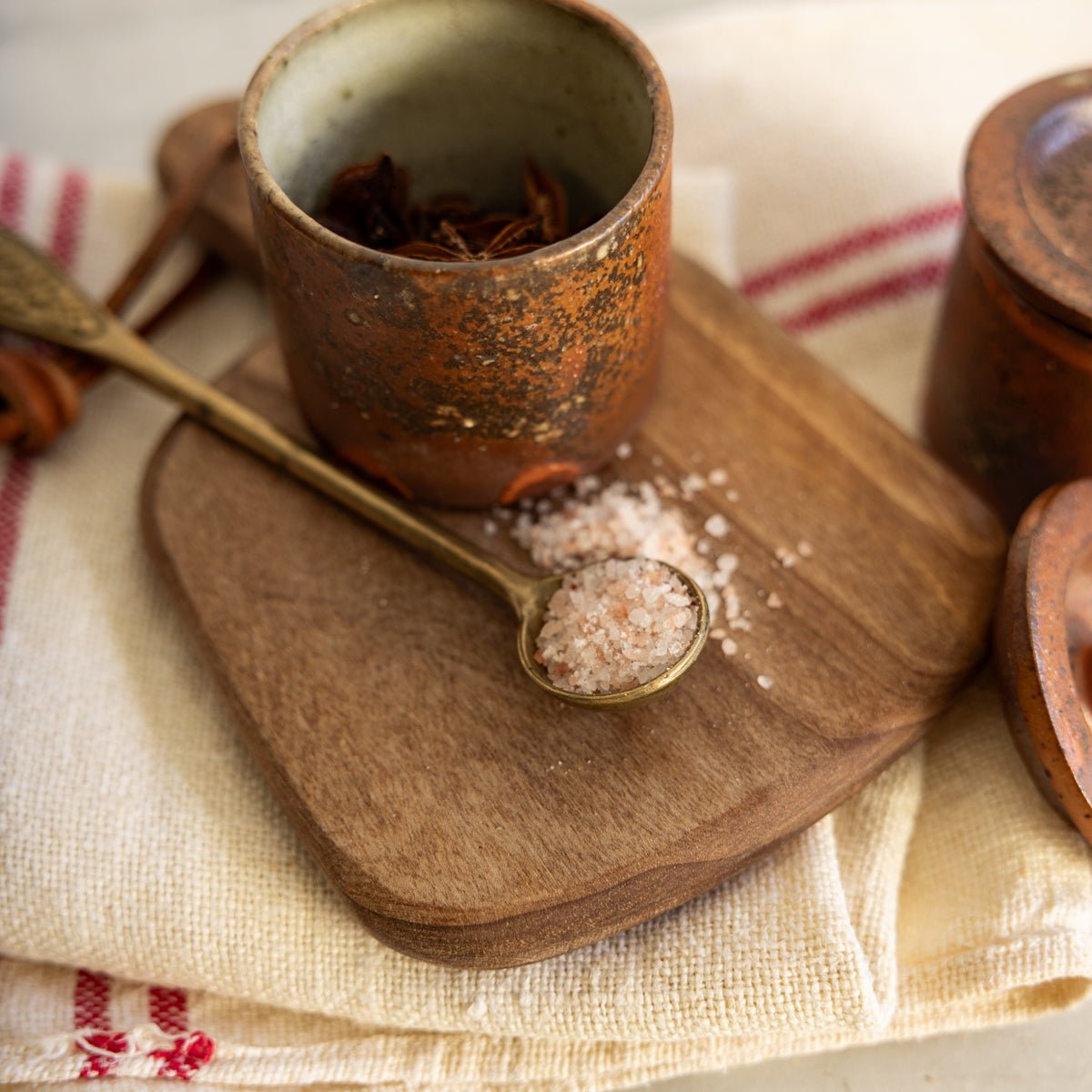 Pair of Stoneware Spice Pots with Cast Brass Spoon - elsie green - the french kitchen