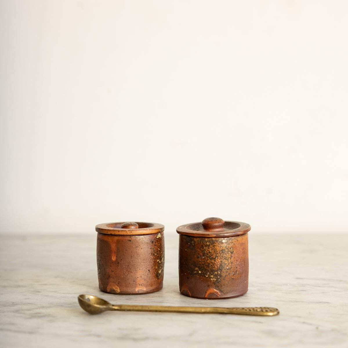 Pair of Stoneware Spice Pots with Cast Brass Spoon - elsie green - the french kitchen
