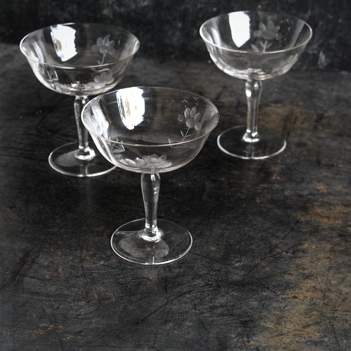 Trio Of Etched Champagne Coupes - elsie green - The French Kitchen
