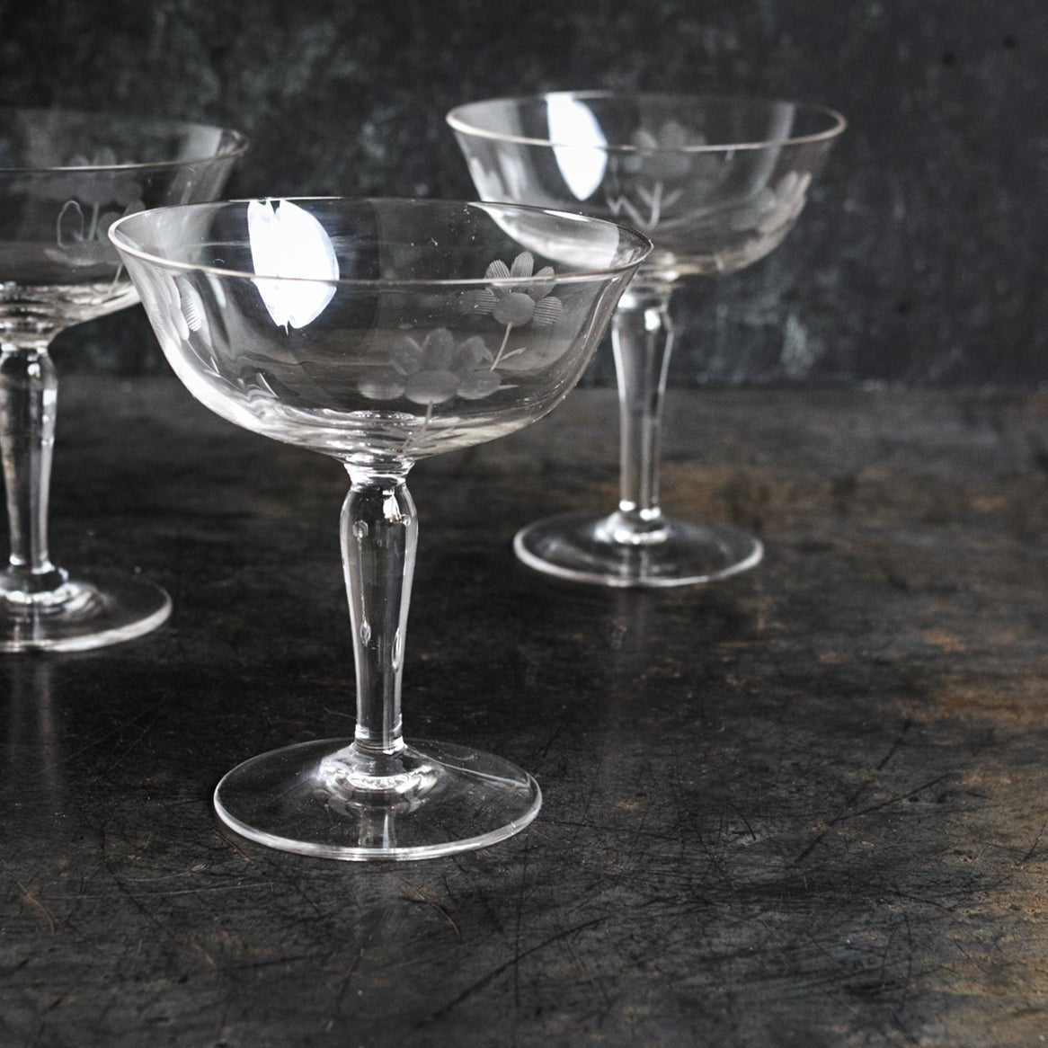 Trio Of Etched Champagne Coupes - elsie green - The French Kitchen