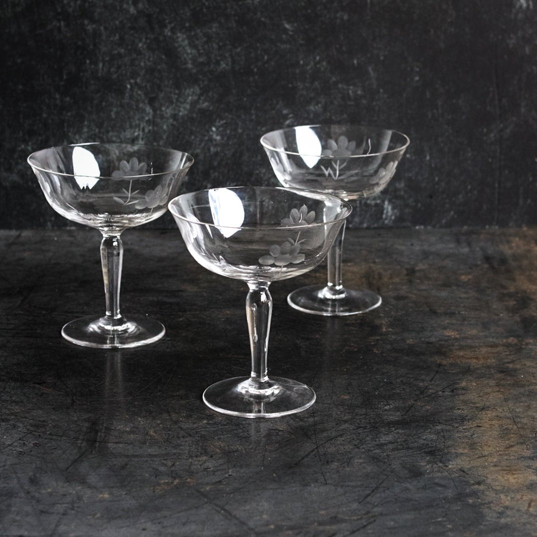Trio Of Etched Champagne Coupes - elsie green - The French Kitchen