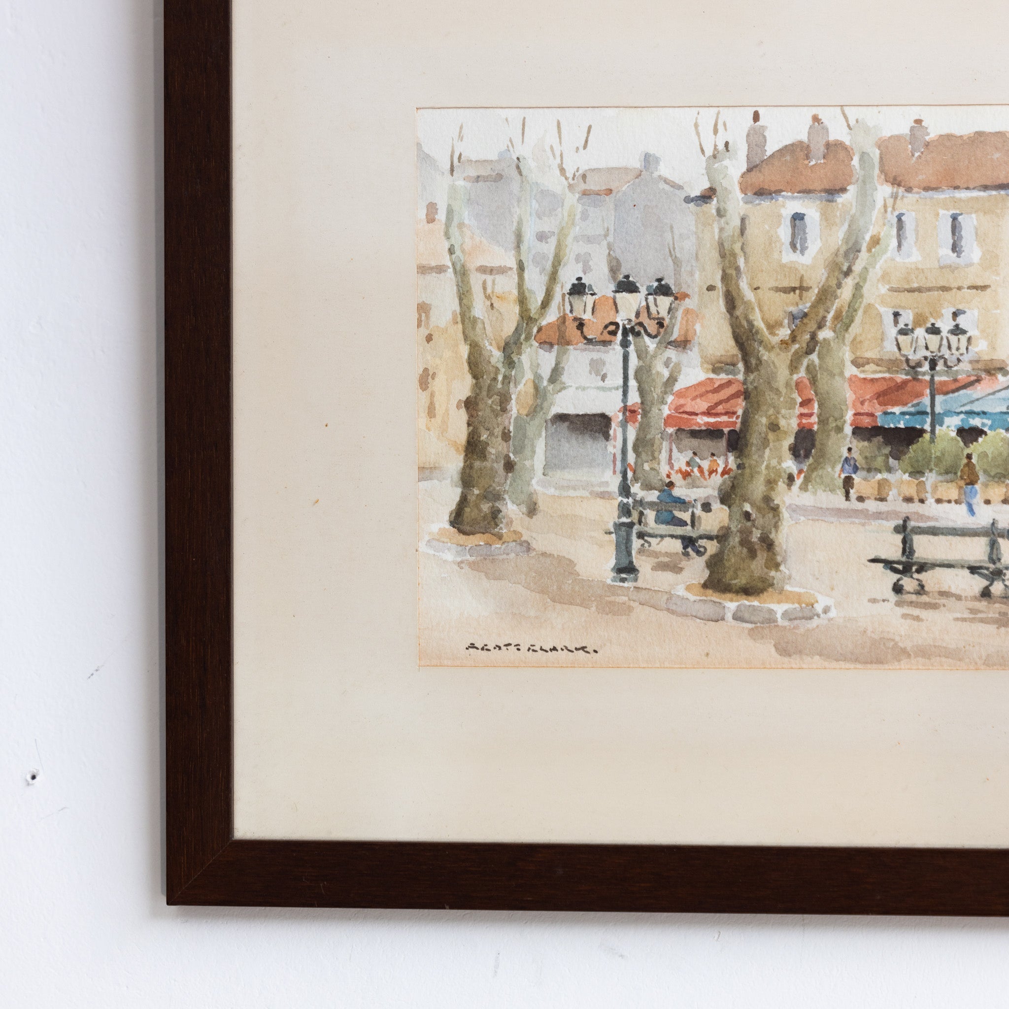Village Scene with Park Bench Watercolor Painting - elsie green - art