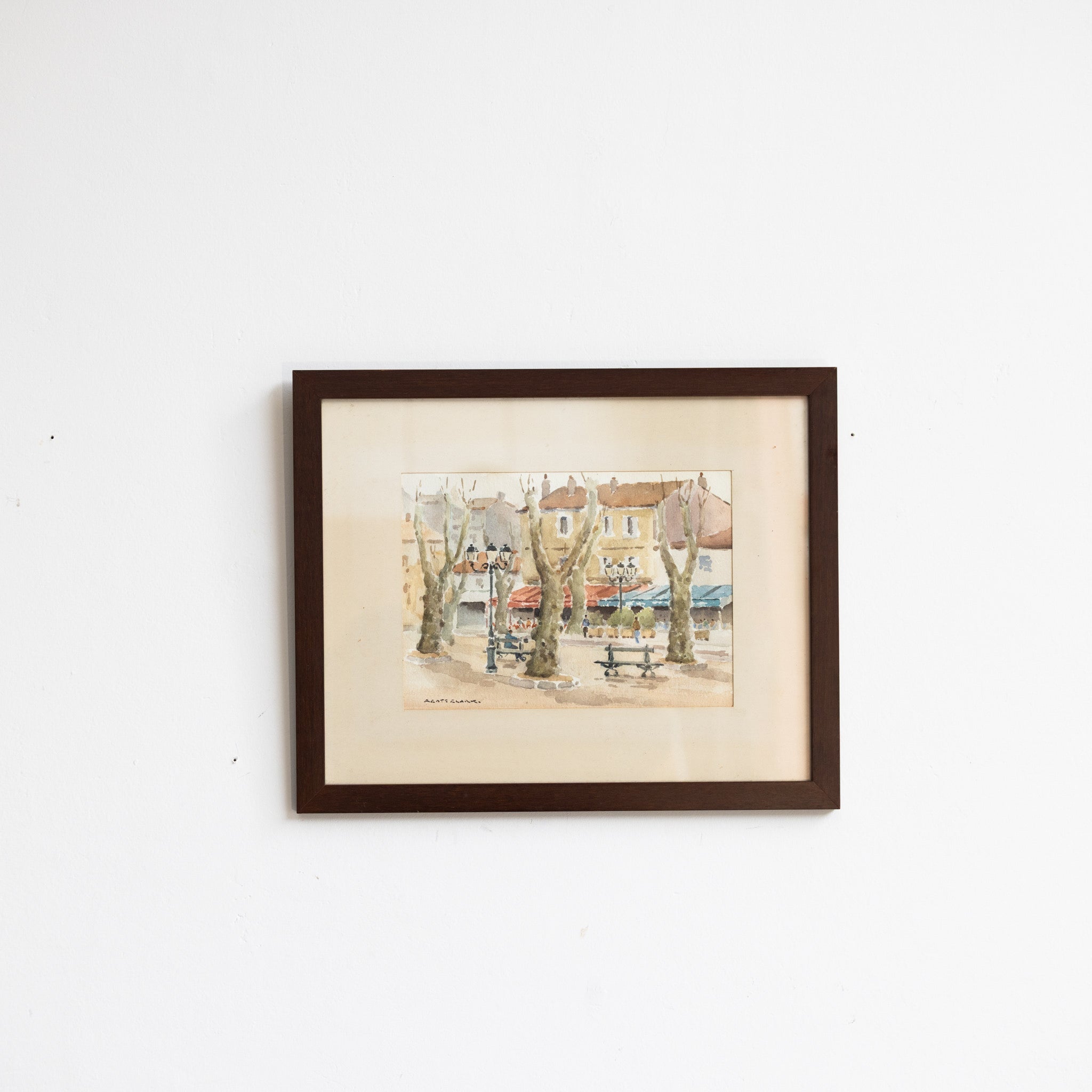 Village Scene with Park Bench Watercolor Painting - elsie green - art
