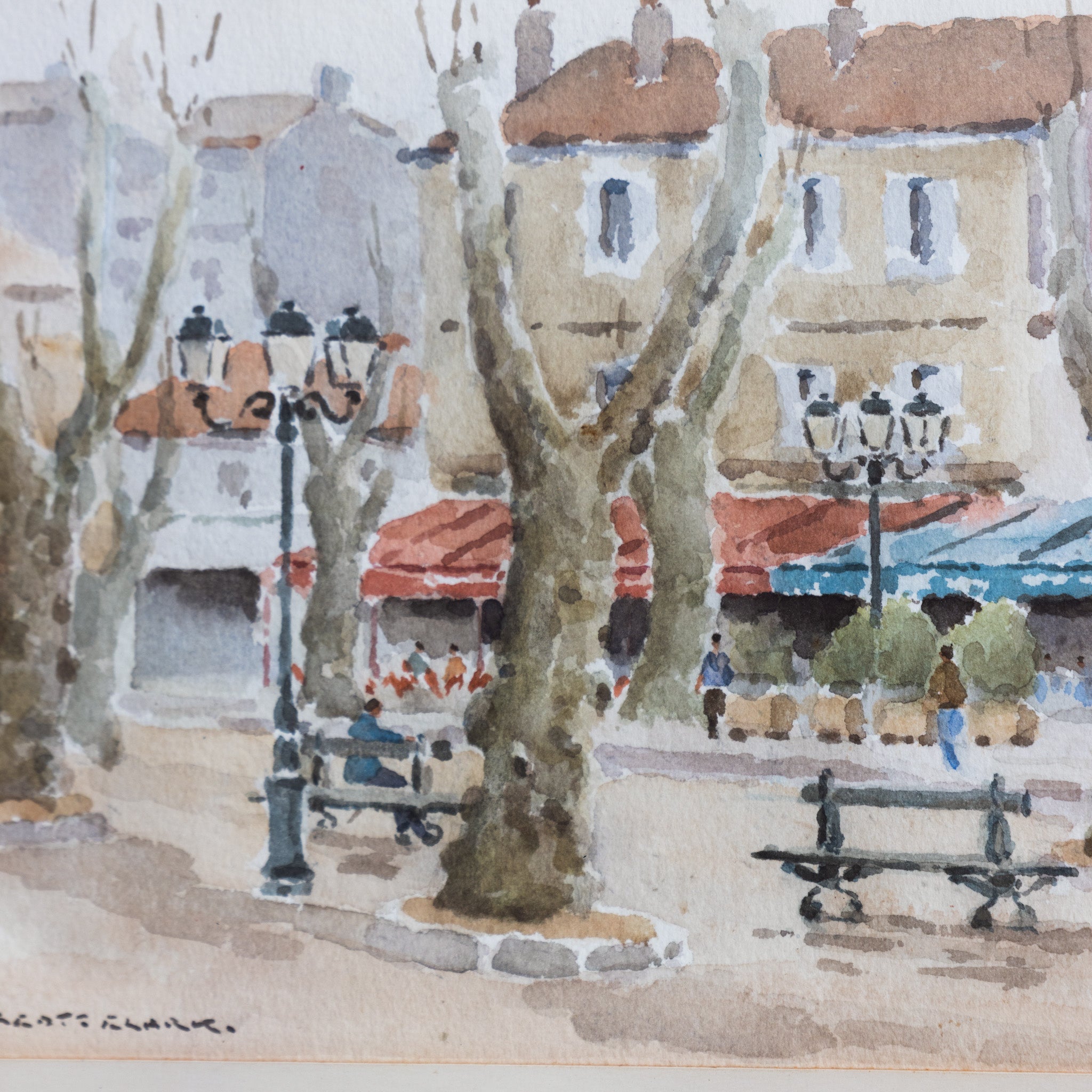 Village Scene with Park Bench Watercolor Painting - elsie green - art