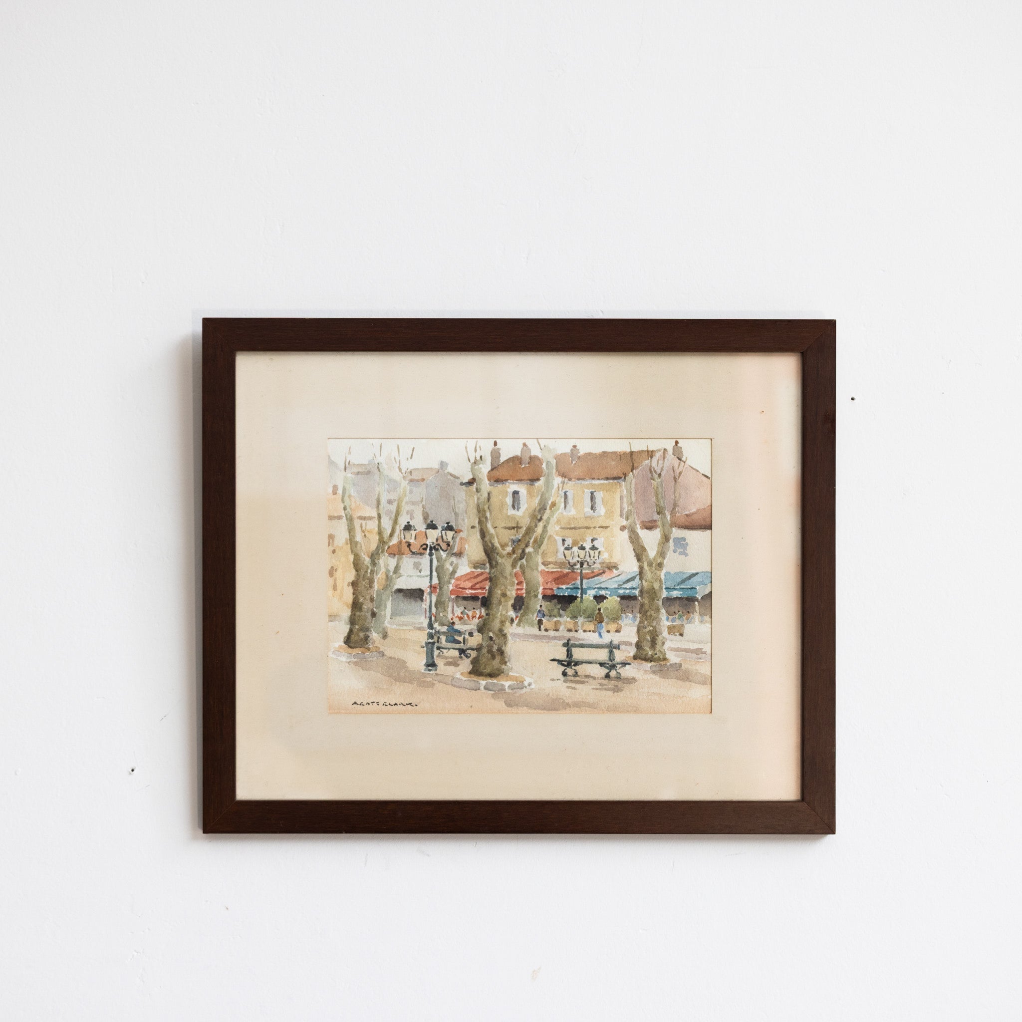 Village Scene with Park Bench Watercolor Painting - elsie green - art