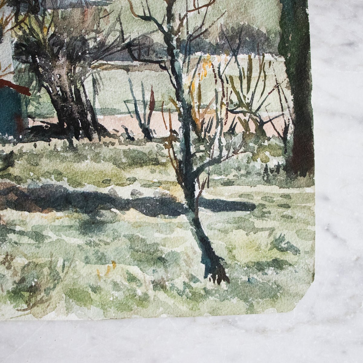 Village with Distant Pond Watercolor Painting - elsie green - art