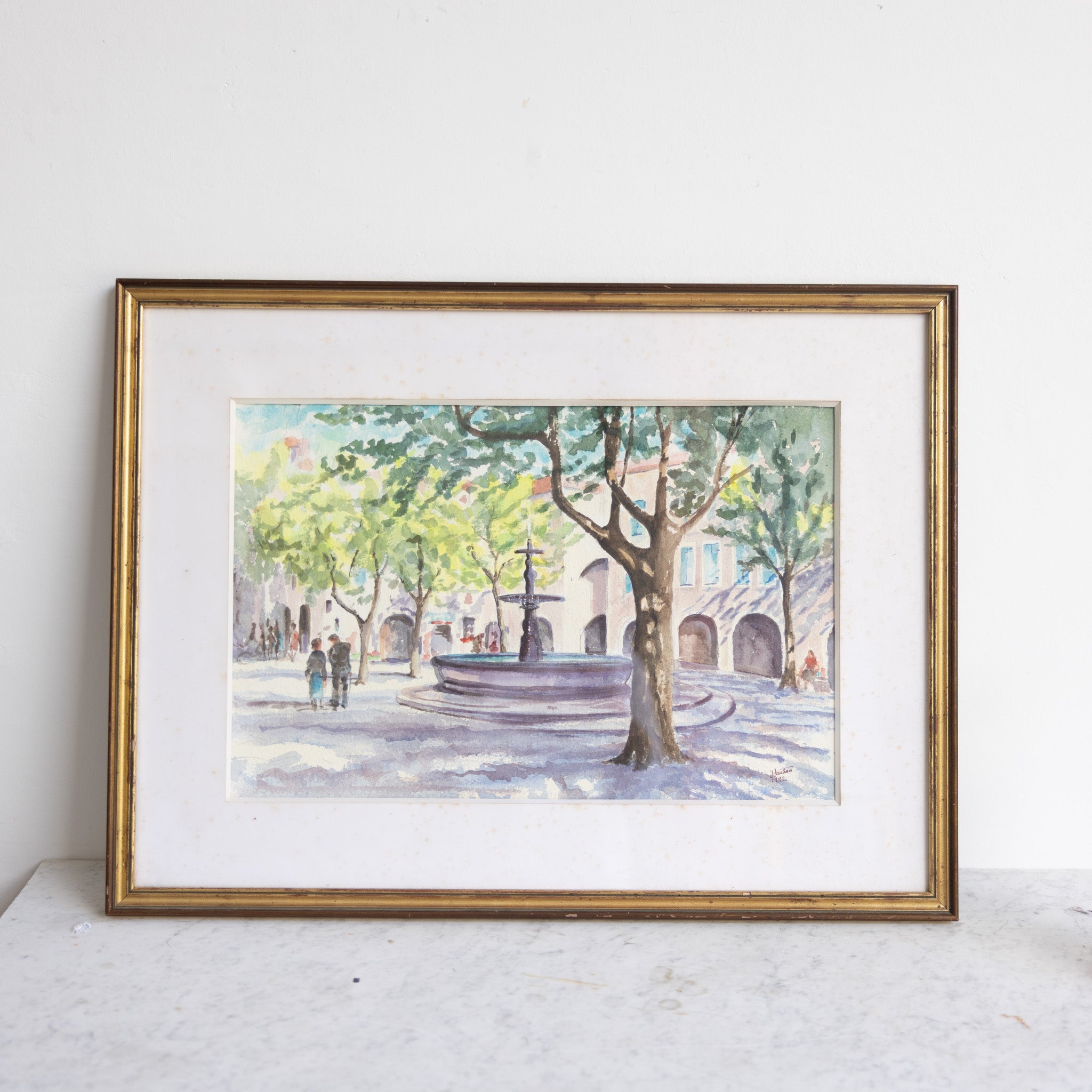 Village with Fountain Watercolor Watercolor Painting - elsie green - art