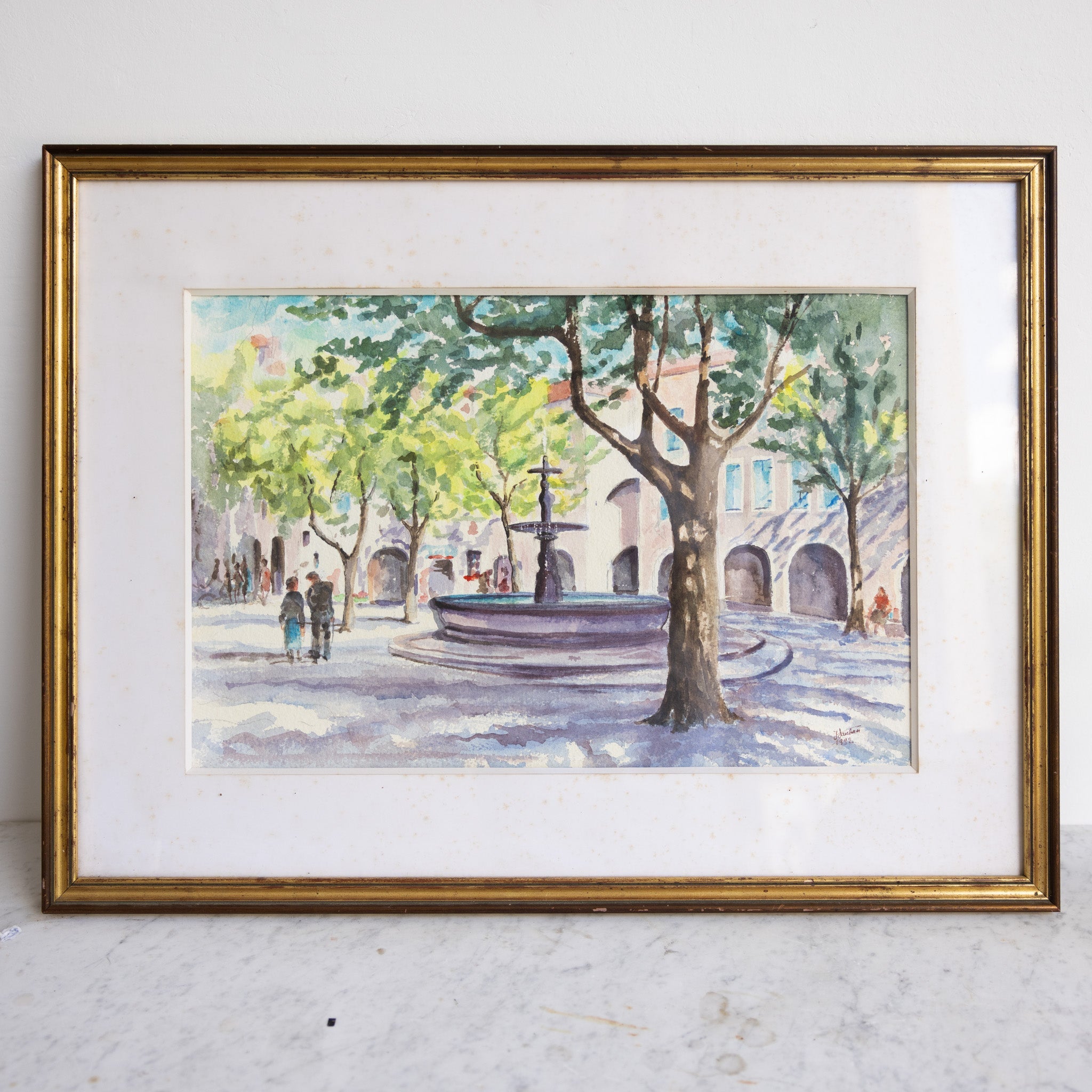 Village with Fountain Watercolor Watercolor Painting - elsie green - art