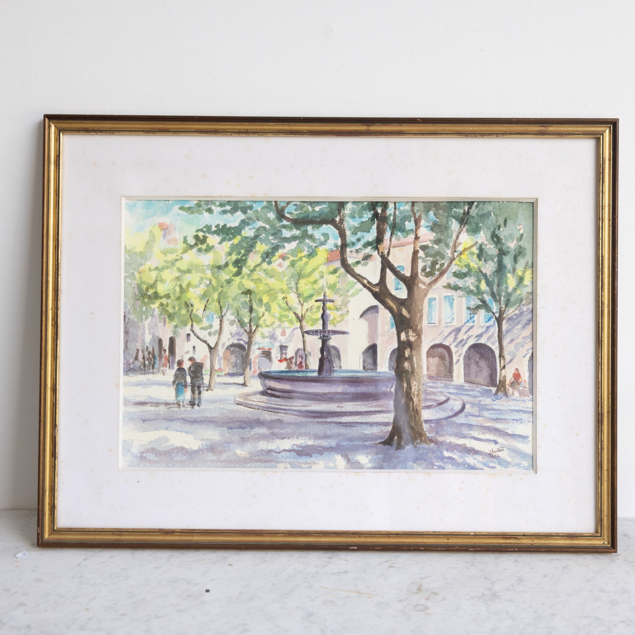 Village with Fountain Watercolor Watercolor Painting - elsie green - art