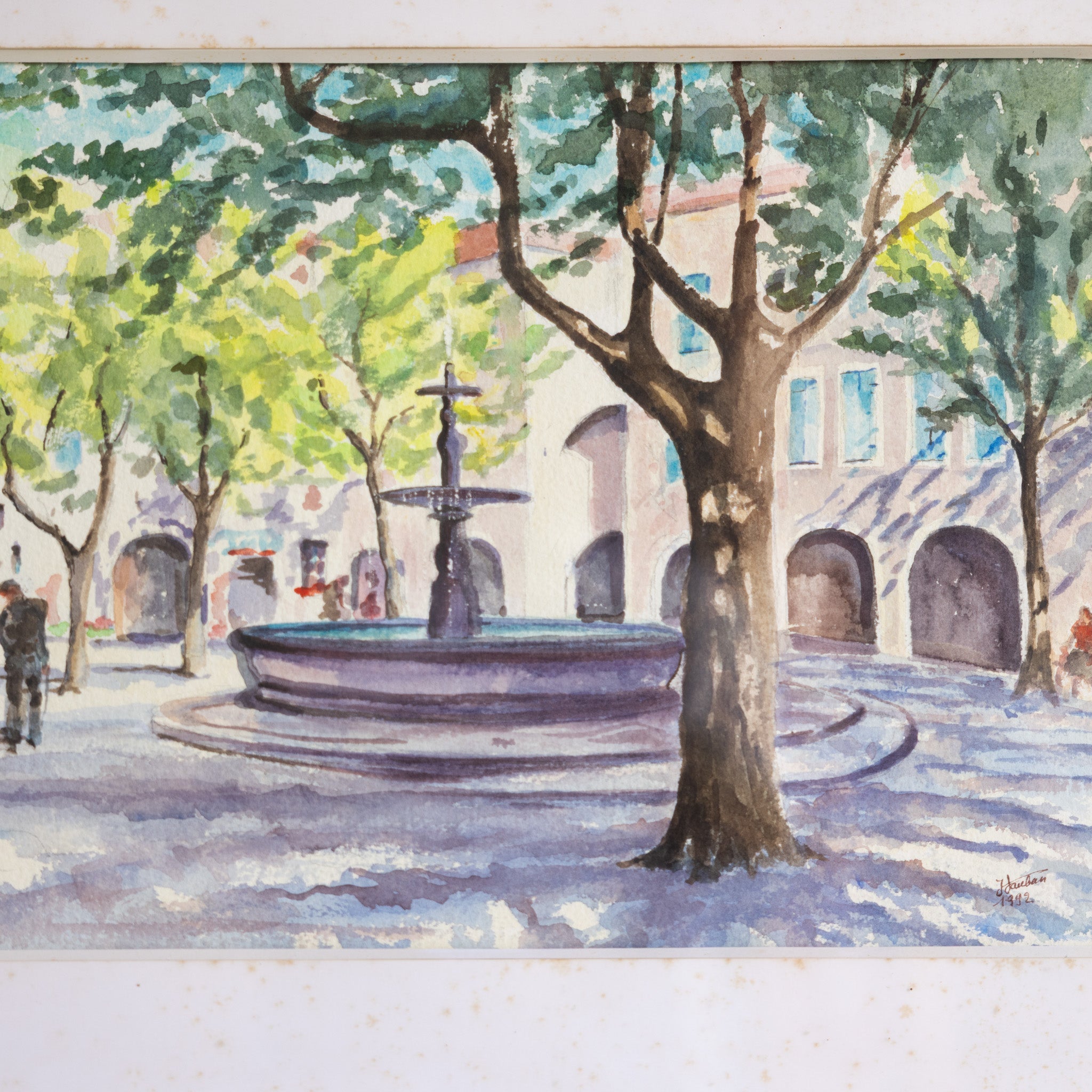 Village with Fountain Watercolor Watercolor Painting - elsie green - art